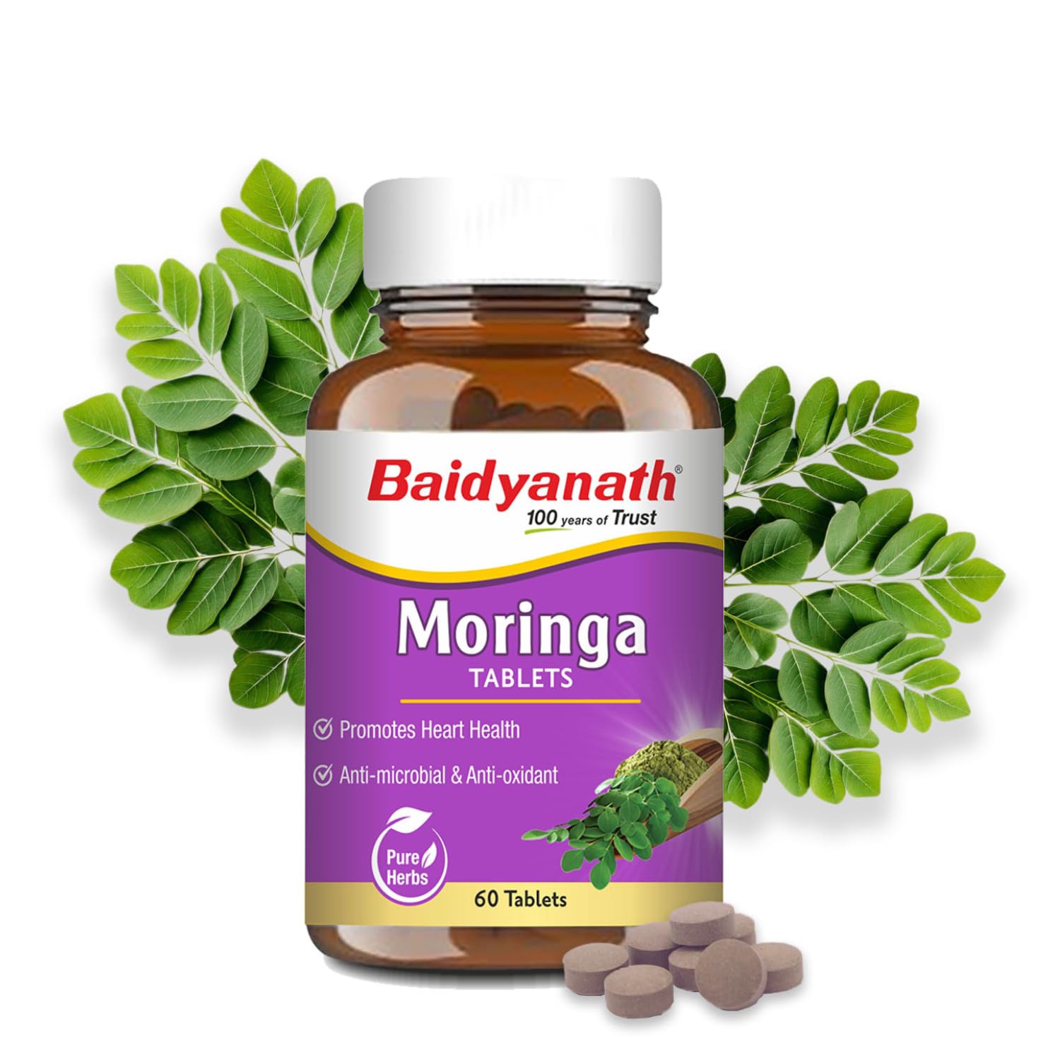 Baidyanath Moringa Tablets 60 Tabs (250mg / Per Serving) | Drumstick Leaf Tablets| Helpful in Overall Health and Wellness and Gut Balance