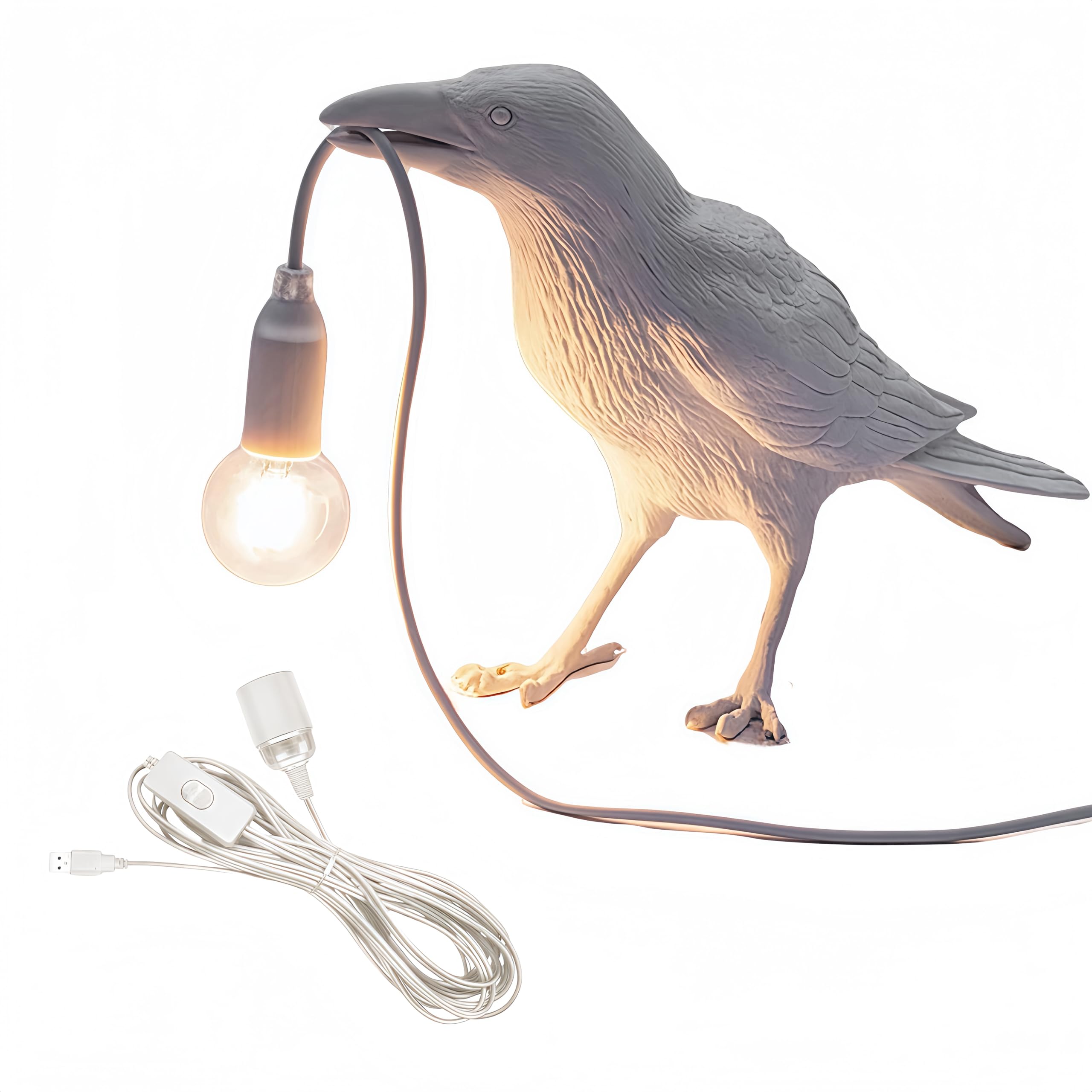Metritcook White Black Usb Crow Lamp Raven Table Lamp With Bulb Bird Desk Lamp Gothic Home Decor Crow Light Halloween Christmas (White-C)