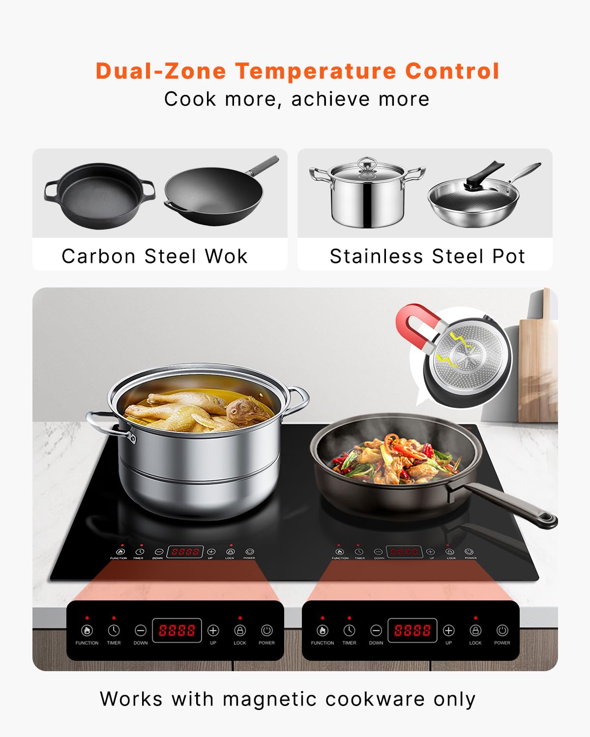 VEVOR Induction Cooktop, 1800W Electric Countertop Burner with 9 Power Settings, 2 Burner Touch Control Stove, Built-in Induction Cooktop, Include 99-Min Timer, Child Safety Lock, Glass Surface
