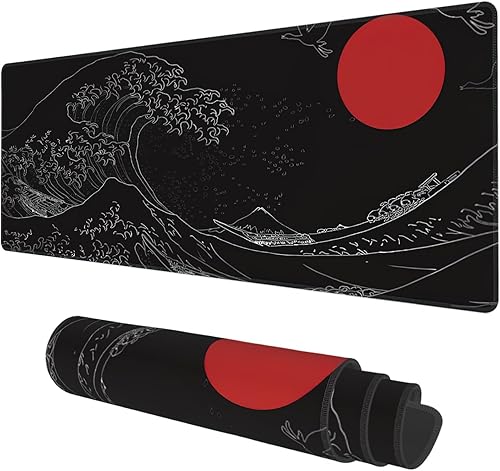 Tapete de escritorio, negro estilo japonés ondulado y sol rojo extendido, alfombrilla grande de 31.5 x 11.8 pulgadas, alfombrilla de mouse grande