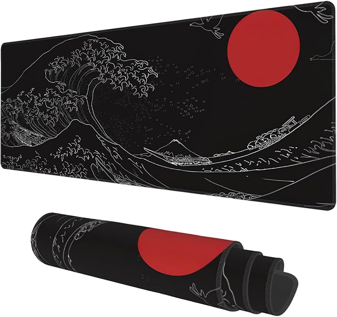 Desk Mat, Black Japanese Style Wave and Red Sun Extended