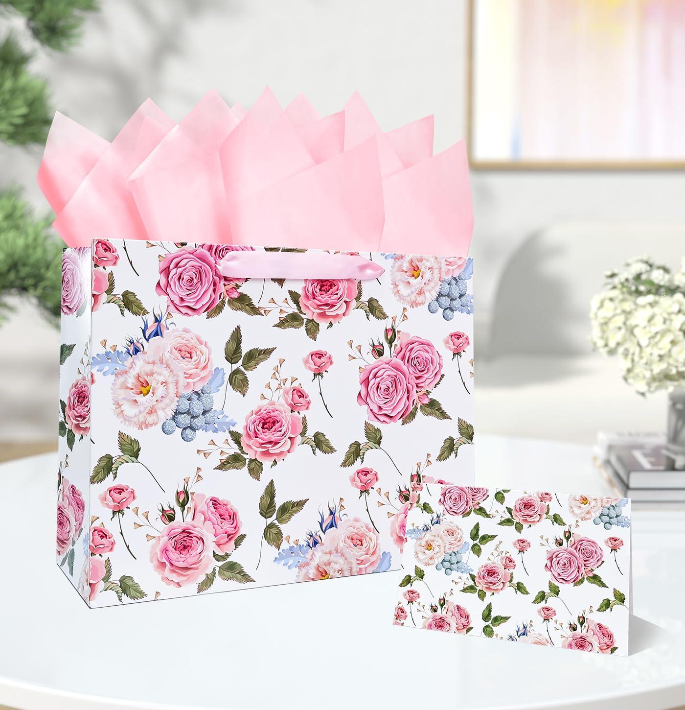 MUNILAIL 13 Inches Large Gift Bag for Women Flower Gift Bag with Handle Tissue Paper and Greeting Card for Birthday Wedding Bridal Shower Party Large Pink Paper Gift Bag
