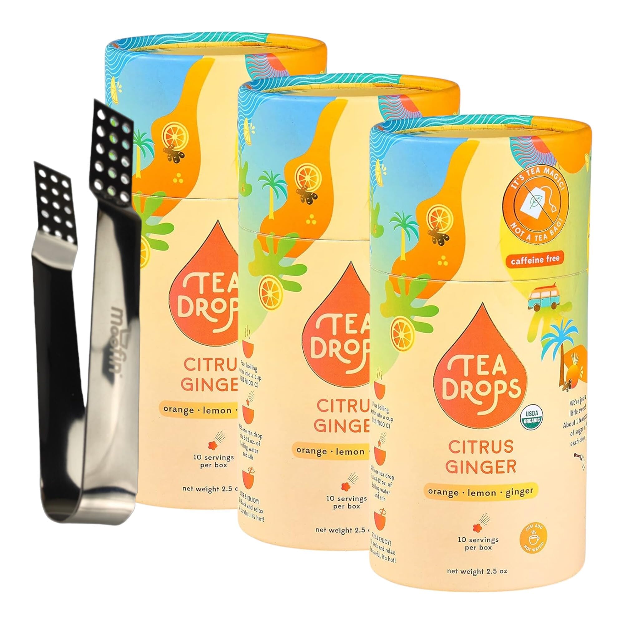Citrus Ginger Organic Tea, Zesty & Warming, Bundlewith Moofin Silver Ss Tea Bag Squeezer, Convenient Dissolvable Drops, Refreshing Citrus Flavor, Sustainably Sourced [Pack Of 3]