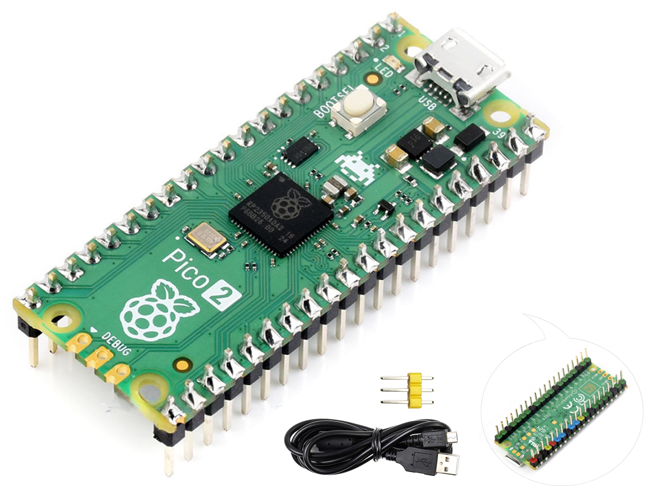 Pico 2 with Pre-Soldered Color-Coded Header Compatible with Raspberry Pi Pico 2 Microcontroller, Based on RP2350, Dual-Core ARM Cortex-M33 and Dual-Core Hazard3 RISC-V Processor 4MB Flash, 3 Items