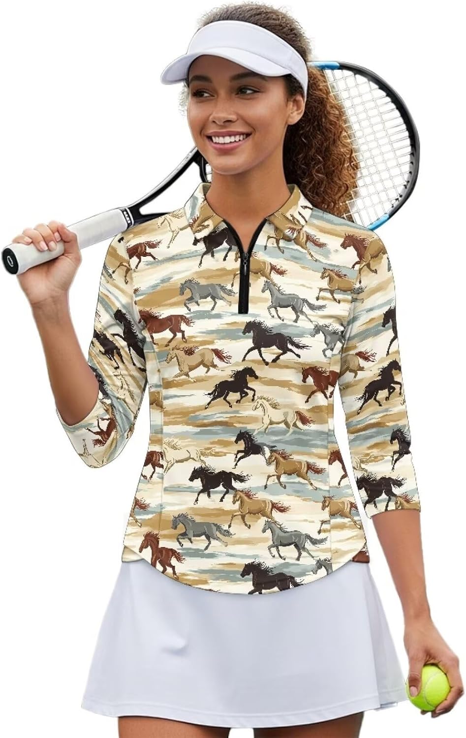 Biyejit Womens Golf Shirt 3/4 Sleeve Quarter Zip Workout Tennis Tops Quick Dry Collared V Neck Polo Shirts Moisture Wicking