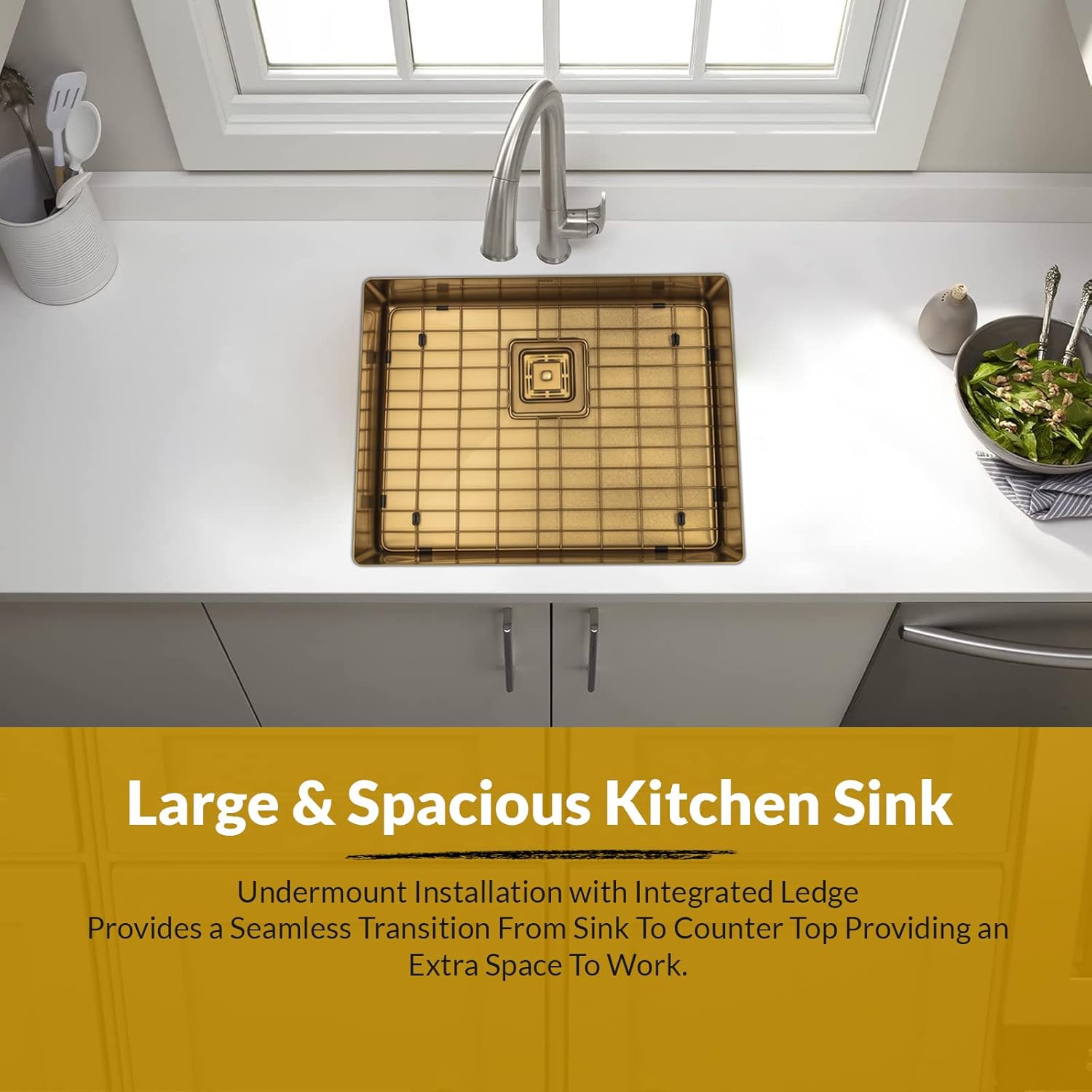 Strictly Sinks 23 Inch Undermount Kitchen Sink – Gold Single Bowl 16 Gauge Stainless Steel Bar Prep Kitchen Sink Stain Resistant – With 1 Square Disposal Adapter, 1 Strainer Drain & Bottom Grid