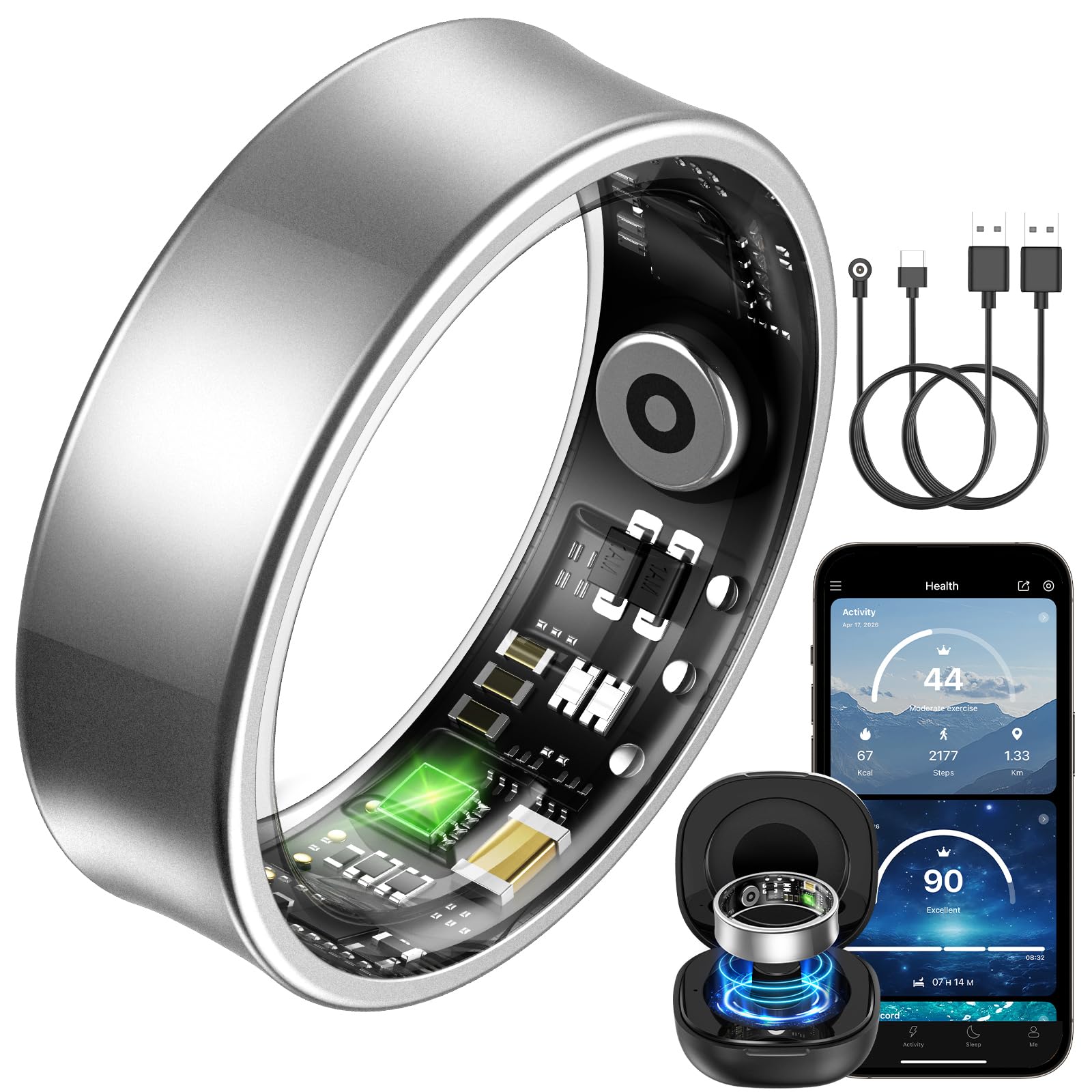 BANLVS 2026 Smart Ring Uomo Donna, Anello Intelligente Fitness con 24H HRV Frequenza Cardiaca SpO2, 176 Sport, Impermeabile IP68, APP Nessun Abbonamento Android iOS, Argento, 62.8mm(10)