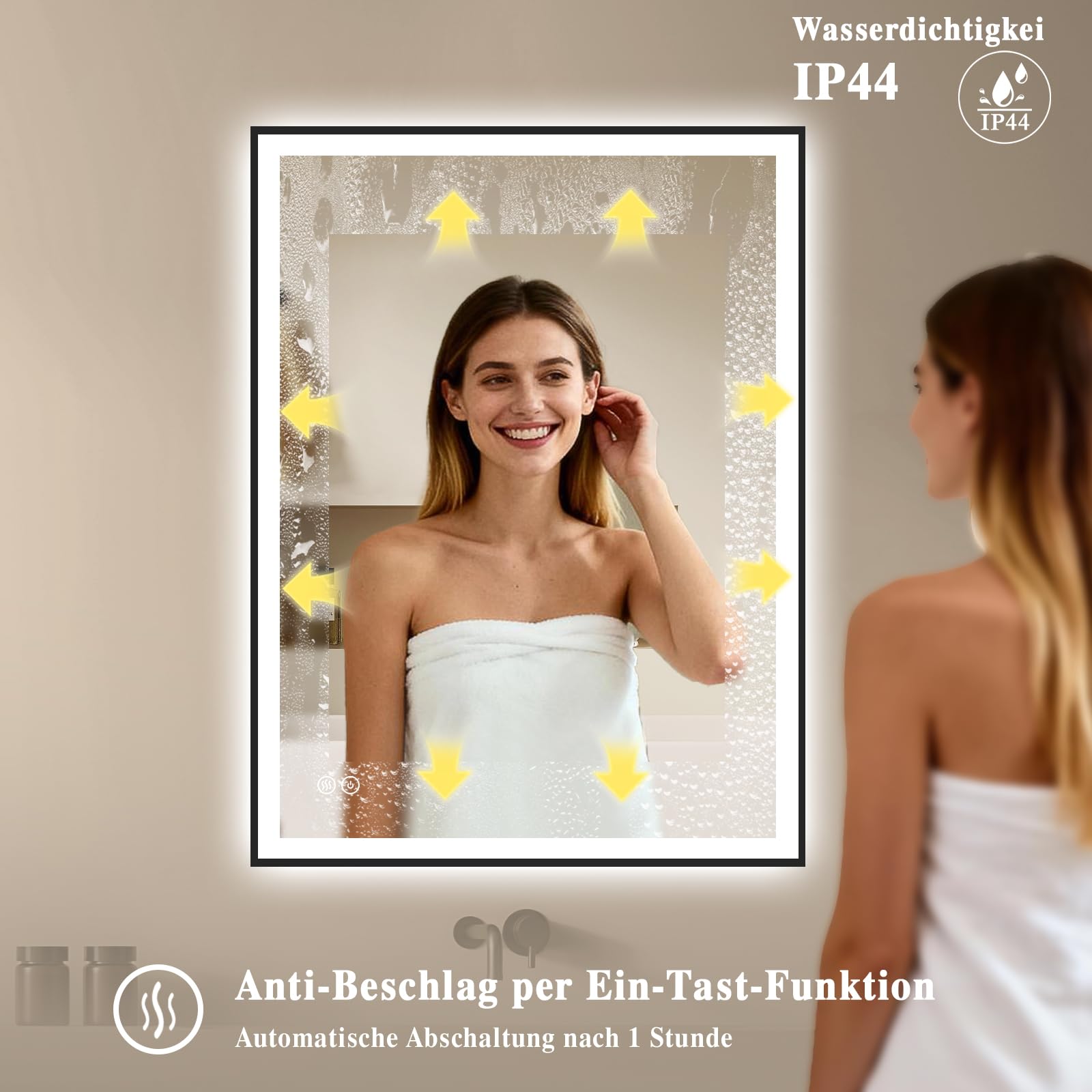 Badspiegel-mit-Beleuchtung 40x60 - Badezimmerspiegel LED Badezimmer Spiegel mit Beleuchtung - Beschlagfrei, Dimmbar, 3 Lichtfarben, Wandspiegel Led-Spiegel-Bad Schwarz Metallrahmen Horizontal/Vertikal