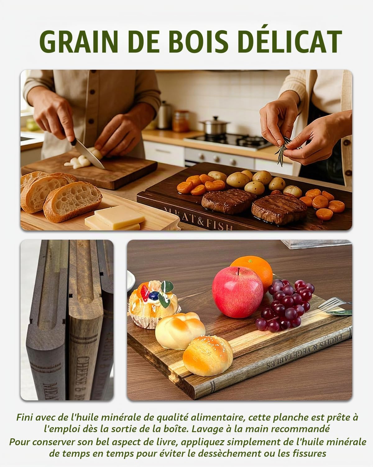 Lot de 3 planches à découper en forme de livre avec support, pré-huilée, adaptée aux couteaux, pour viande et légumes, cadeaux pour la cuisine