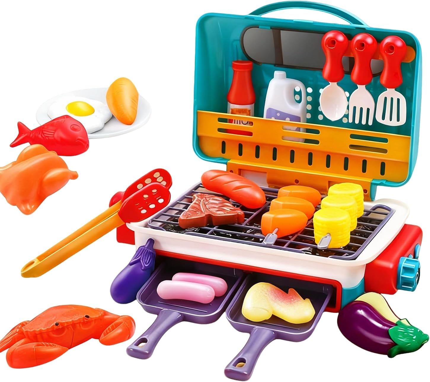 Kids BBQ Grill Play Set, Pretend Play Kitchen Role Play Set with Spray Sound & Colour-Changing Food, 30+ Pieces Simulation Camping Cooking Interactive Toys