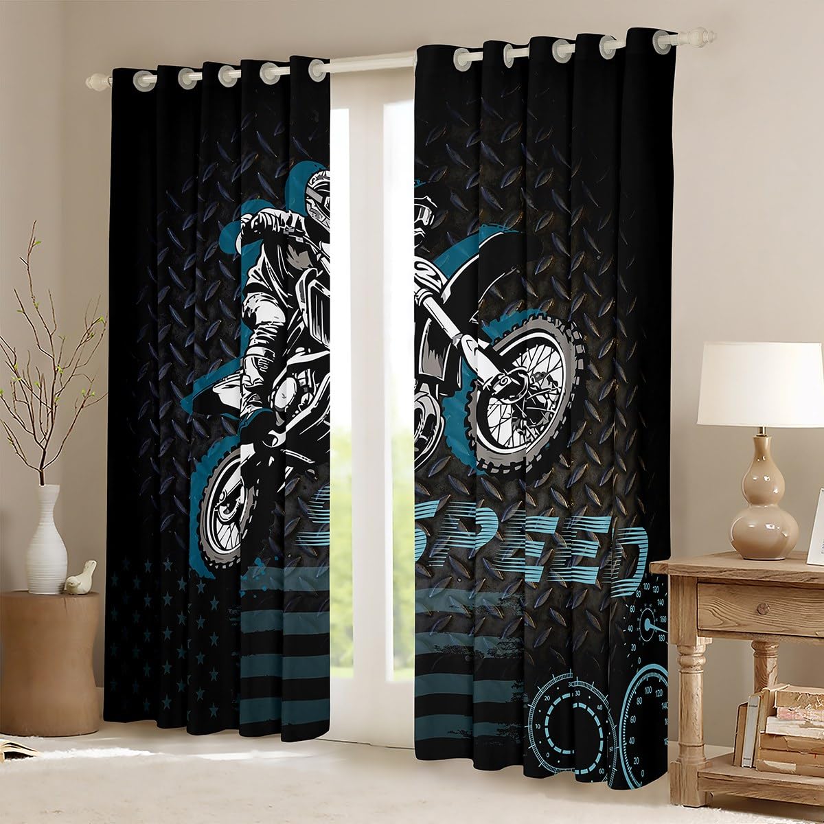 Manfei Motorbike Blackout Curtain Speeding Motorcycle Rider Window Drapes for Kids Boy Room Decor Extreme Sports Theme Window Treatments Grommet Top 2 Panel Set Bedroom Curtains - Image 2