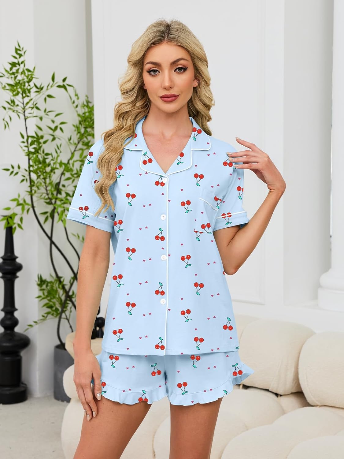 QZH.DUAO Girls & Women Pajama Sets 100% Cotton Sleepwear Button Down Short Sleeve With Ruffle Shorts PJS 5 Years-Large - Image 4