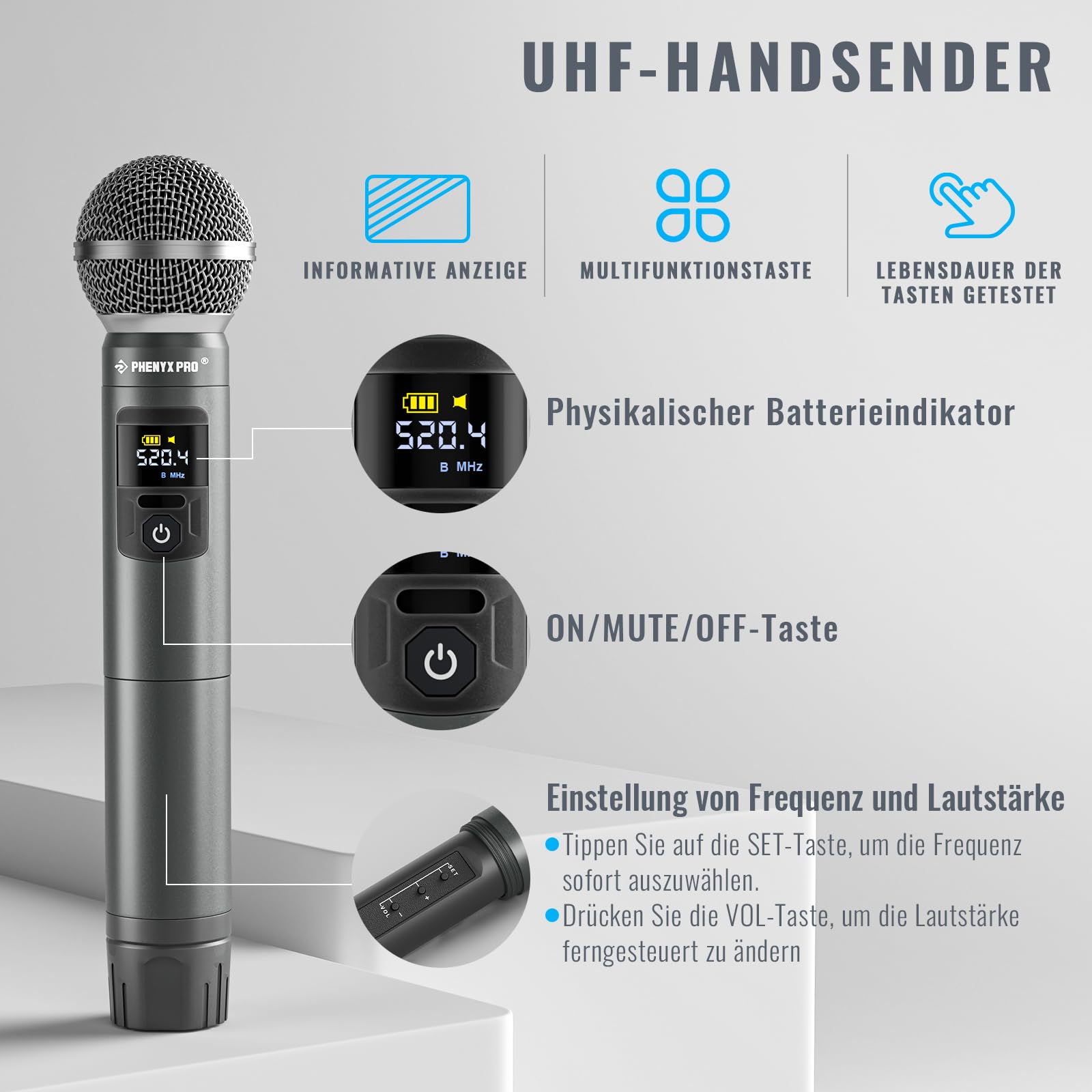 Phenyx Pro Drahtloses Mikrofonsystem, kabelloses Handmikrofon-Set, 2x30 UHF Frequenzen, 200ft Reichweite (PTU-52)