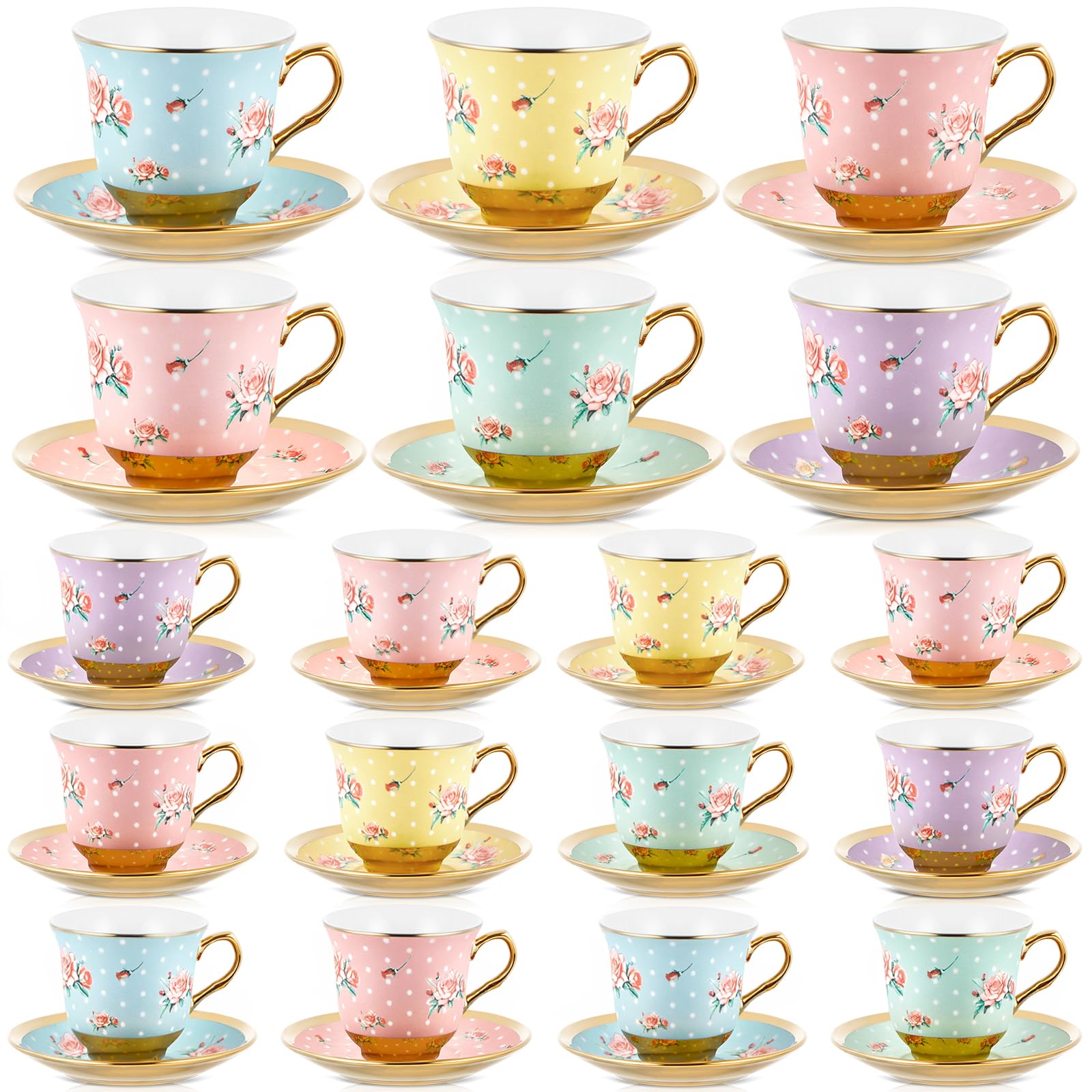 Teenyyou Set of 18 Tea Cups and Saucers, Vintage Style, 5.4 oz