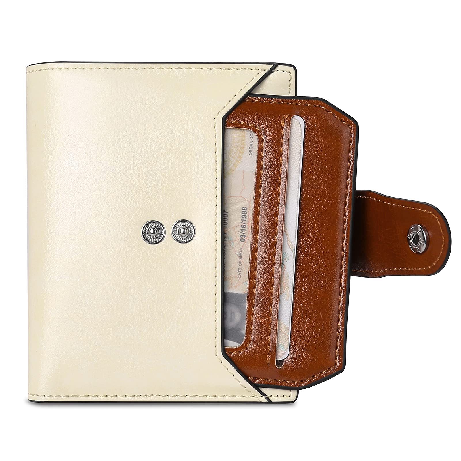 BROMENSmall Wallets for Women RFID Blocking Leather Bifold Purse Zipper Coin Pocket Credit Card Holder with ID Windows, beige/brown, small, Casual