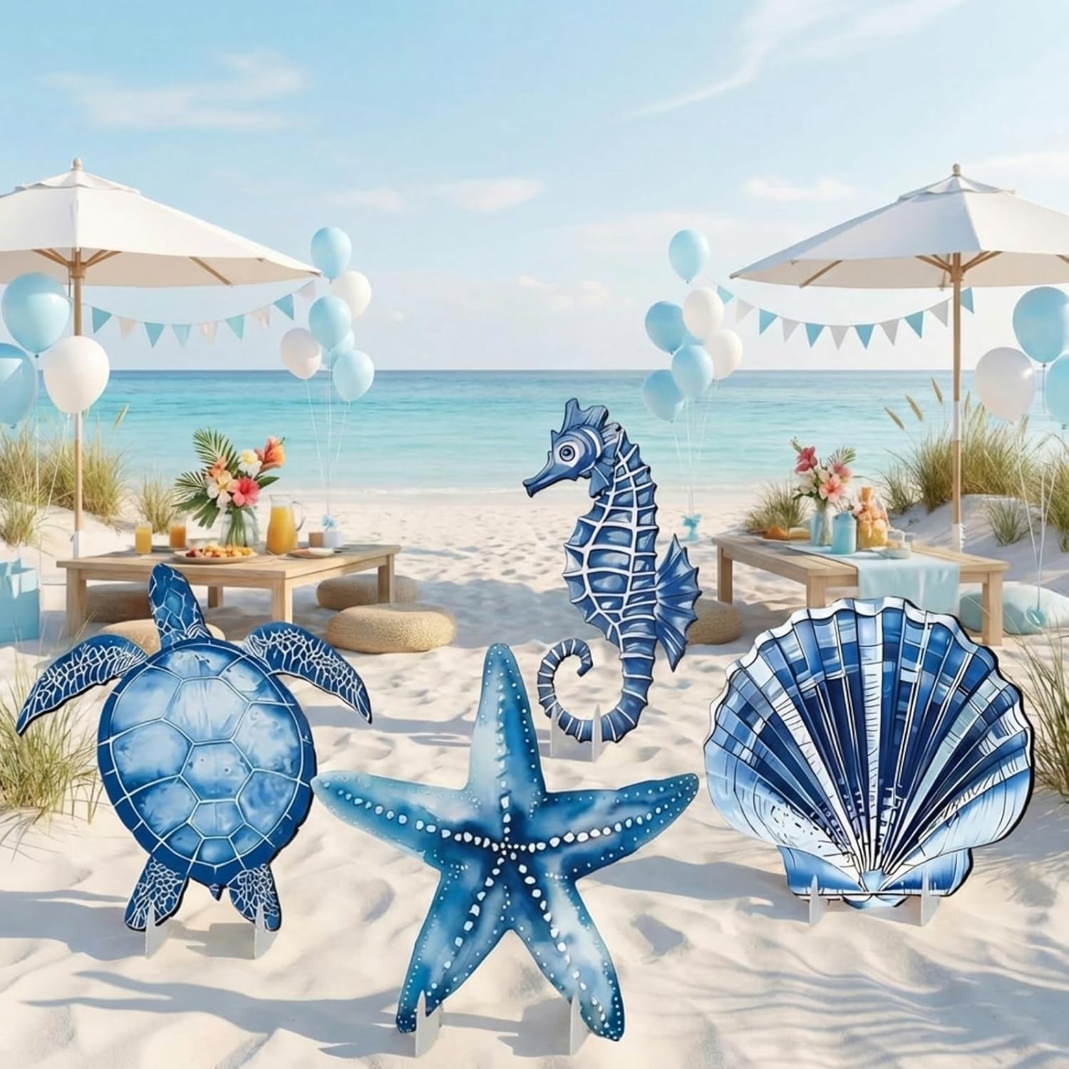 4 Pack Under The Sea Party Decorations 20.47 Inch Large Sea Party Cardboard Cutout Blue Turtle Seahorse Starfish Shell Stand-ups Cutouts Ocean Theme Photo Booth Props