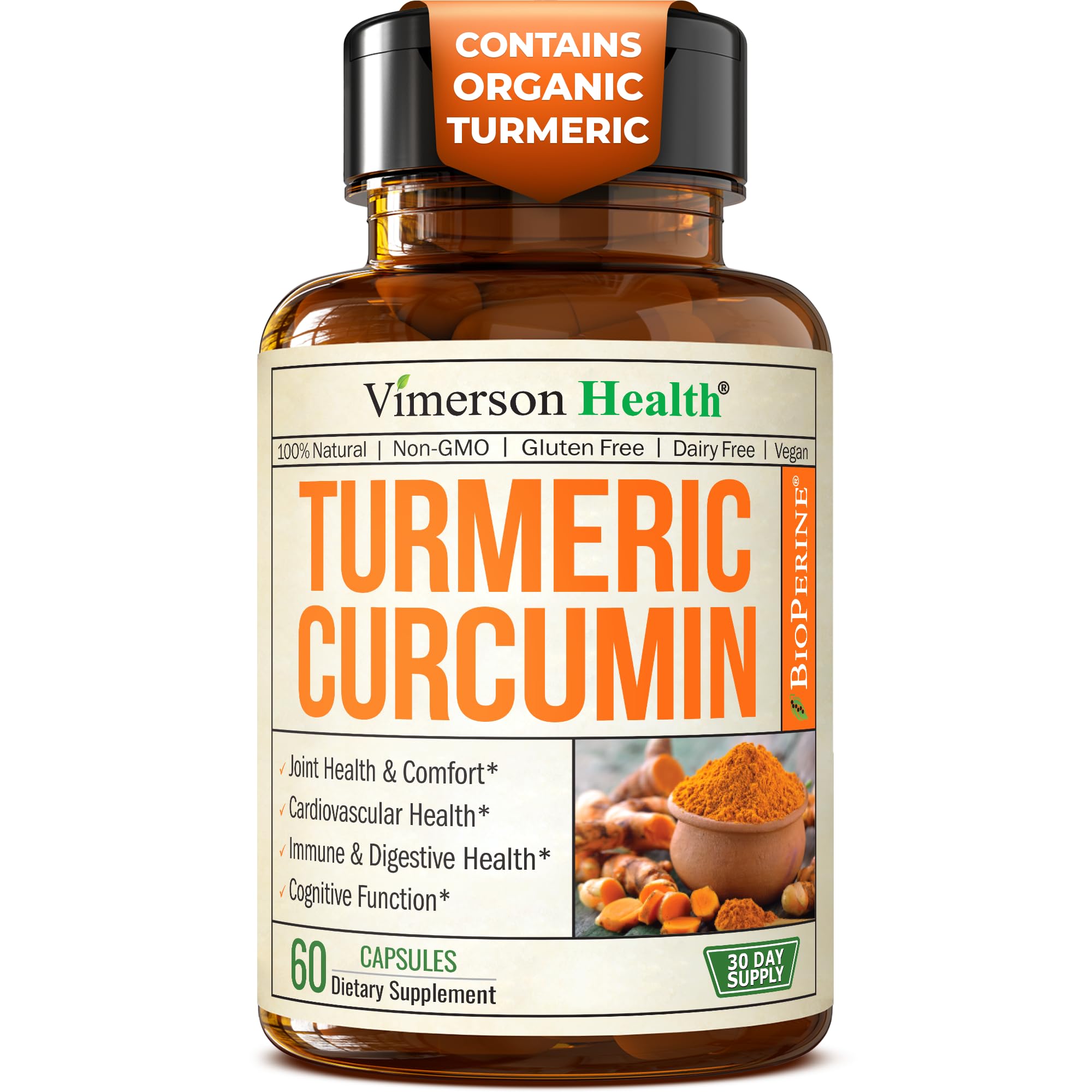 Vimerson HealthTurmeric Curcumin with Bioperine Joint Pain Relief. Anti-Inflammatory, Antioxidant Supplement with 10 mg Black Pepper, 60 Capsules