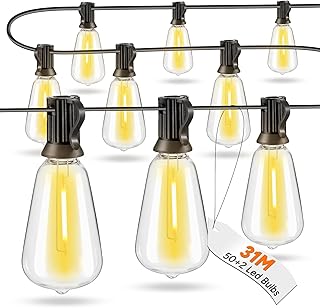 Roshin 31M Festoon Lights Outdoor 50+2 Bulbs with 3M Extension Cord - IP45 Outdoor String Lights Waterproof and Shatterpro...