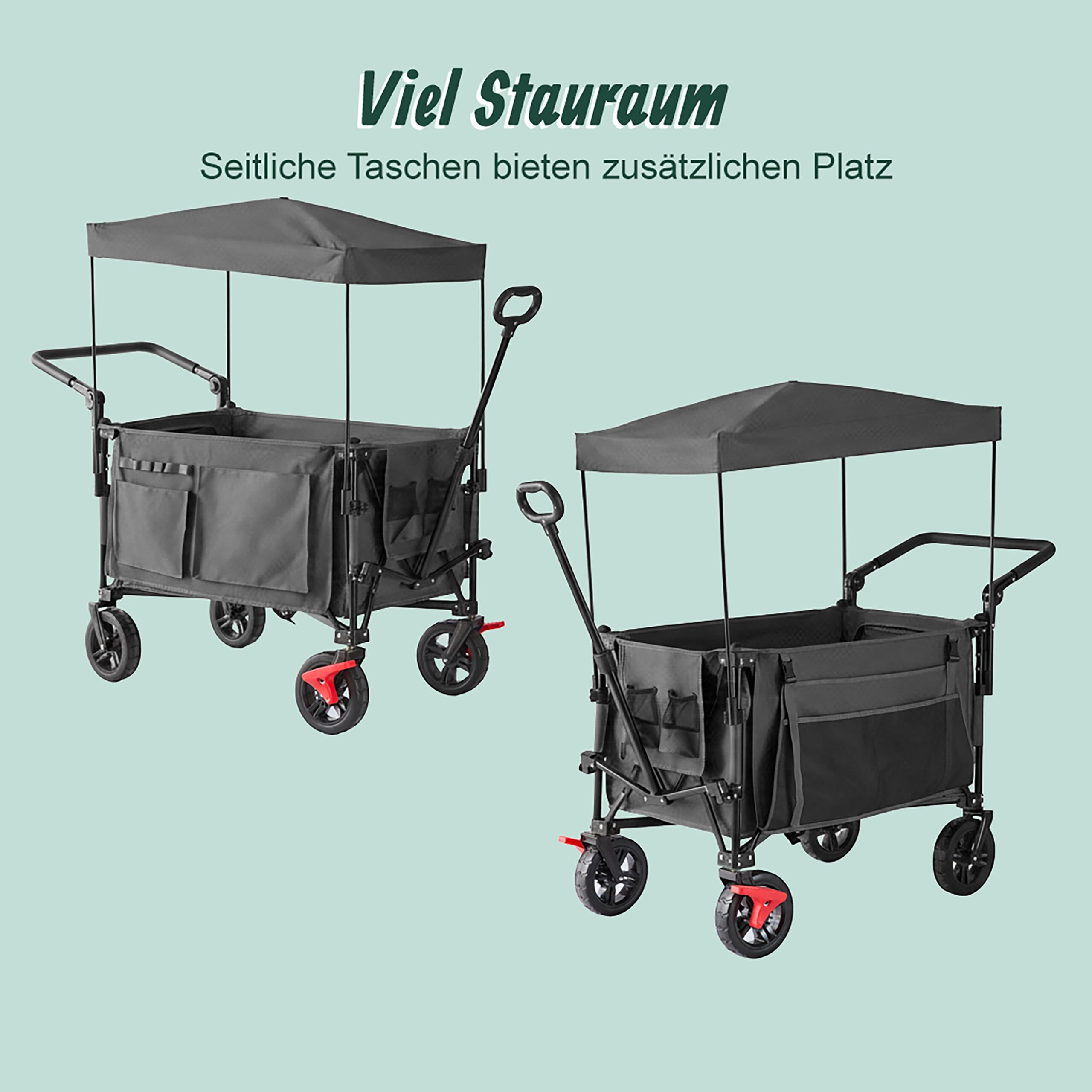 Relaxdays Bollerwagen, faltbar, 150 kg, Dach, Teleskop- & Schiebegriff, Gummireifen mit Bremse, Transportwagen, grau