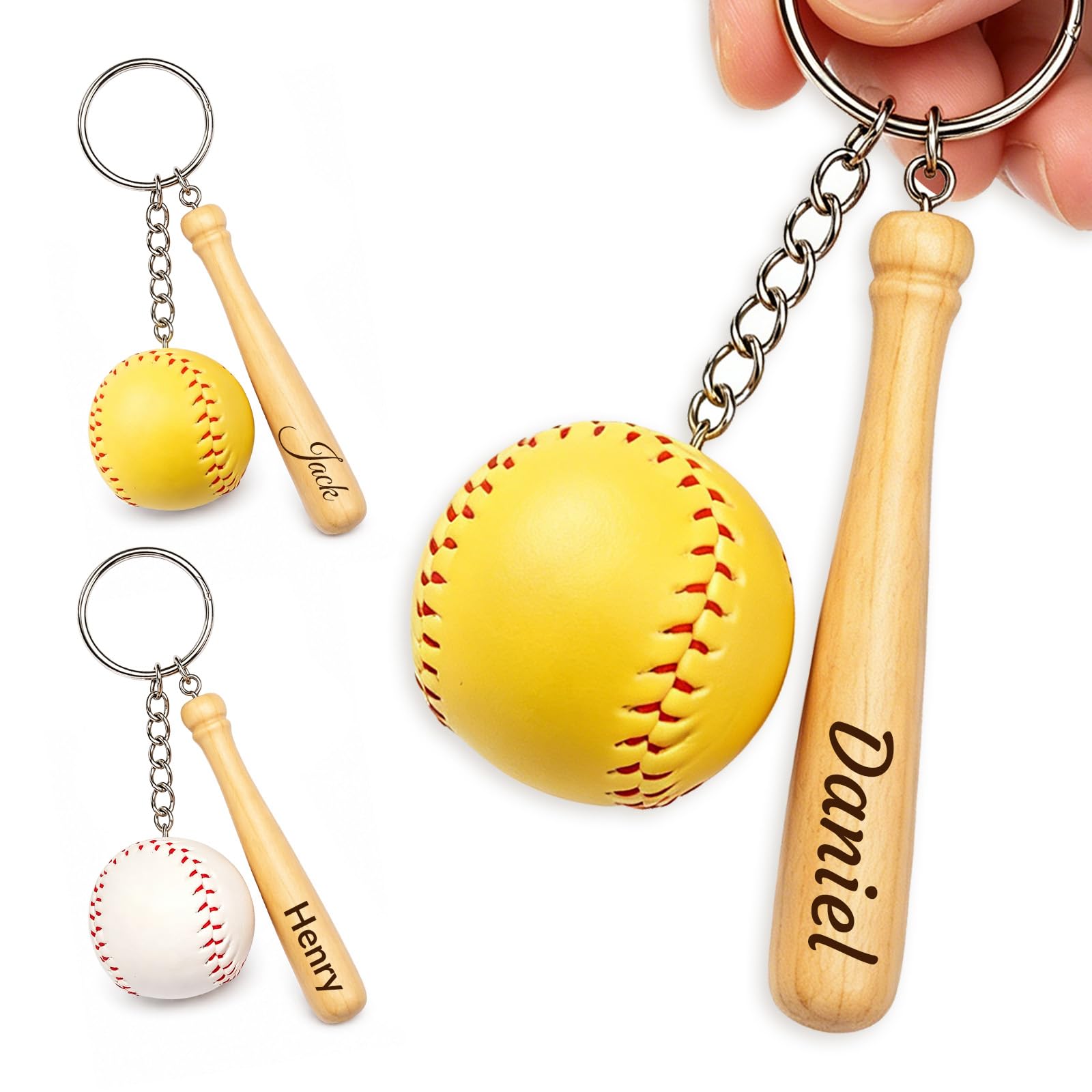 Ofcoin Custom Baseball Keychain, Personalized Engraved Name Wooden Baseball Bat Key Ring for Boys Girls Men Women, Team Coach Gift, Fathers Day Birthday Keepsake