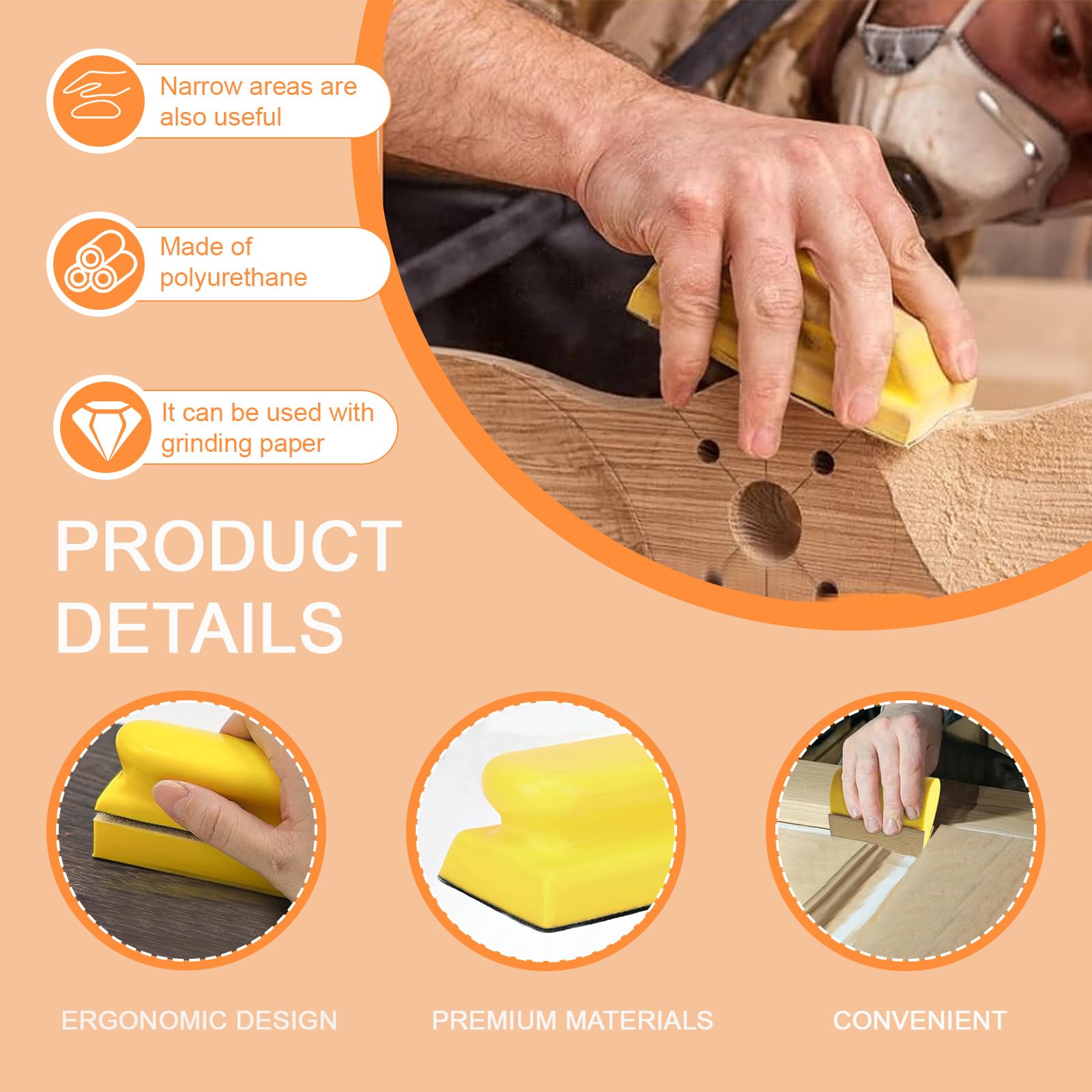 9 Stück Schleifklotz Handschleifblock Set mit konturiertem Profil | PU-Dämpfungsmaterial, Ergonomisches Design, Für Holzpolieren DIY Holzarbeit Möbelrestaurierung, mit Klettverschluss