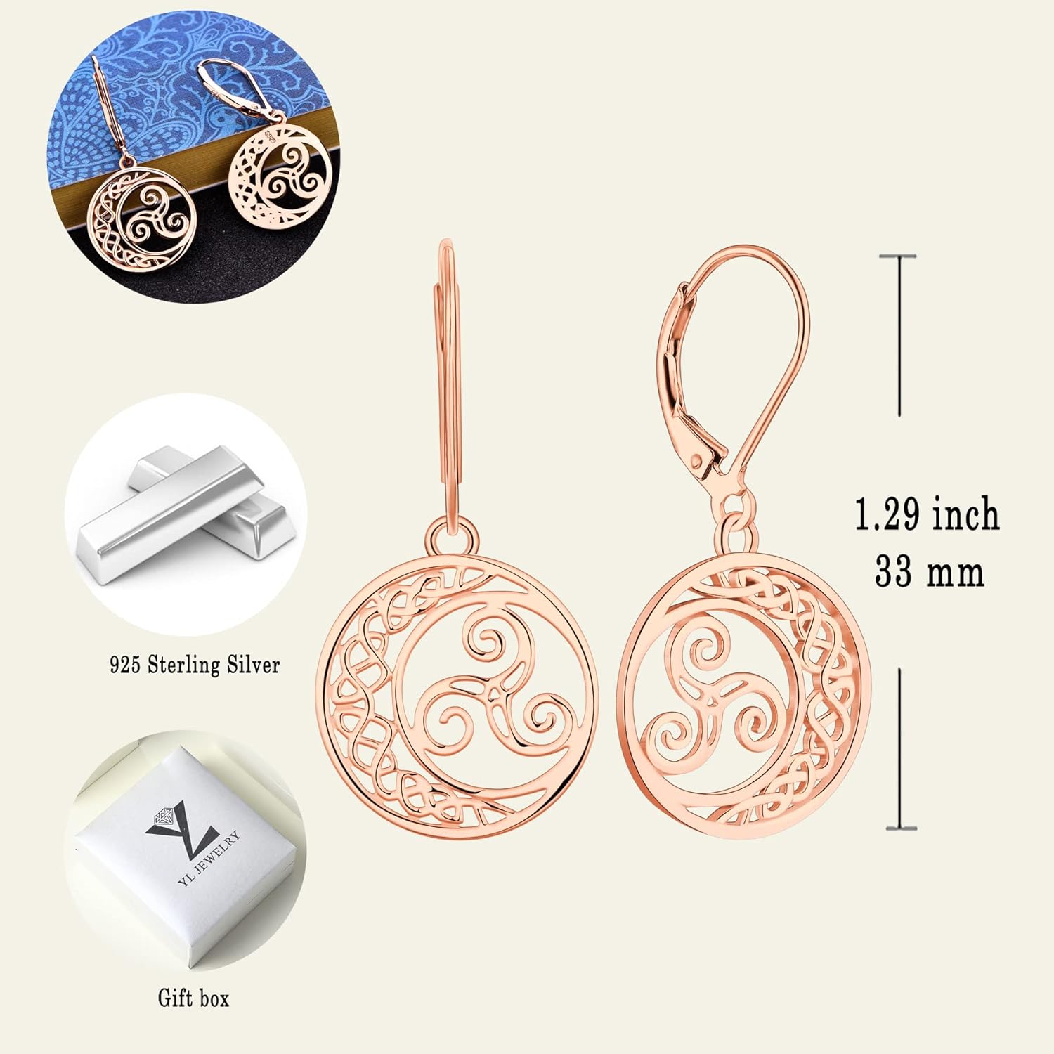 YL 925 Sterling Silver Celtic Knot Earrings Triskele Dangle Drop Earrings Moon Leverback Jewelry for Women