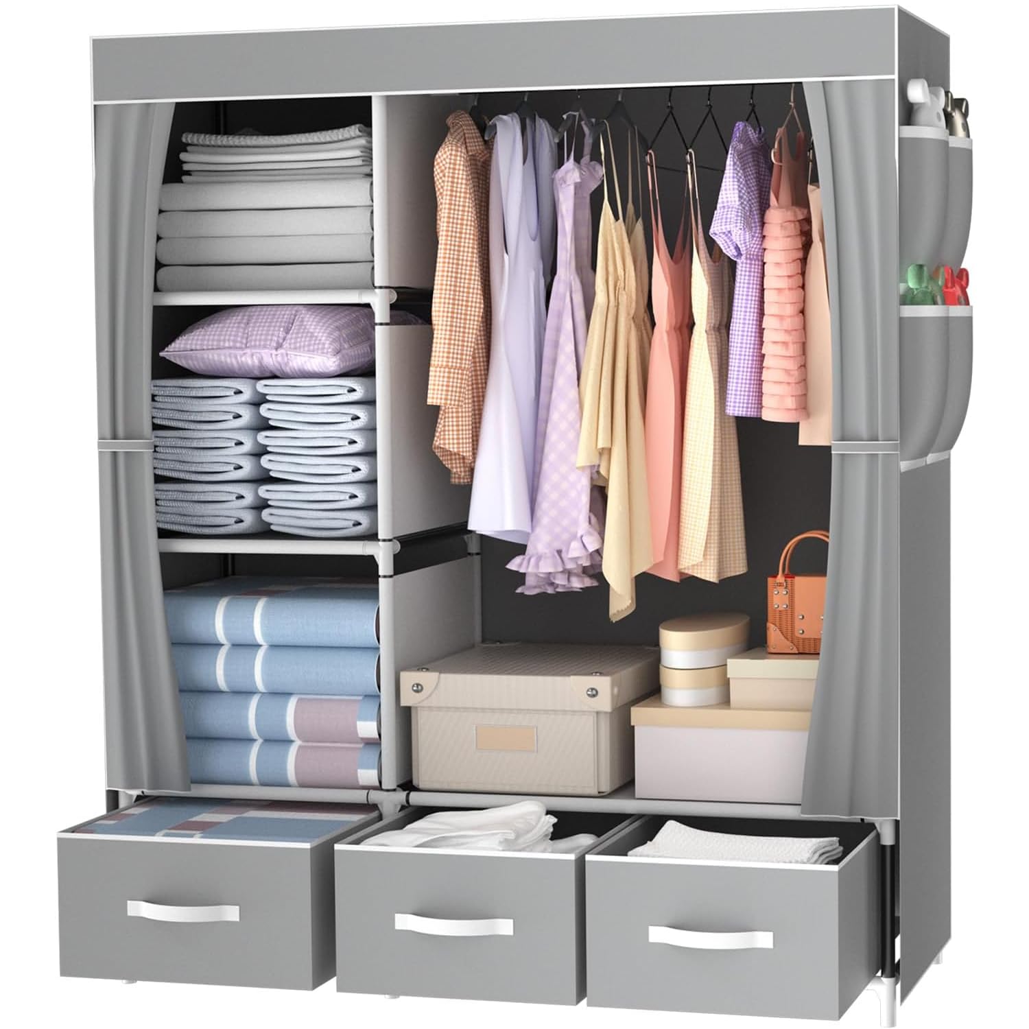 LONENESSL Canvas Wardrobe, 105 x 45 x 163 cm, Portable closet, bedroom armoire, clothes storage box, simple hanging clothes wardrobe, Versatile Fabric Wardrobes, wardrobe for bedroom, Gray