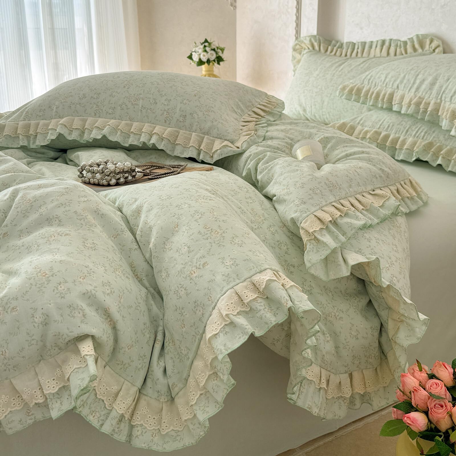 VM VOUGEMARKET Ruffle Duvet Cover Set Twin,Vintage Sage Green Floral Duvet Cover with Romantic Ruffles,Double-Layer Gauze Cotton Bedding Set,Comfy,Breathable &amp; Lightweight for Teen Girls-68 x86