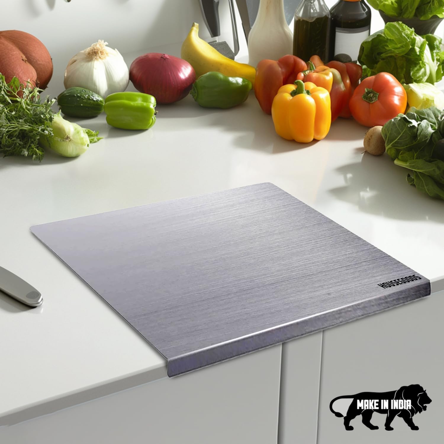 HOUSEGOODS Steel Countertop Chopping Board for Kitchen, Medium 36 X 31 CM, Premium 304 Grade Stainless Steel Cutting Board, Rust-Free, Anti-Bacterial, Chef Approved, Ideal for Vegetables, Fruits, Meat HOUSEGOODS Steel Countertop Chopping Board for Kitchen, Medium 36 X 31 CM, Premium 304 Grade Stainless Steel Cutting Board, Rust-Free, Anti-Bacterial, Chef Approved, Ideal for Vegetables, Fruits, Meat