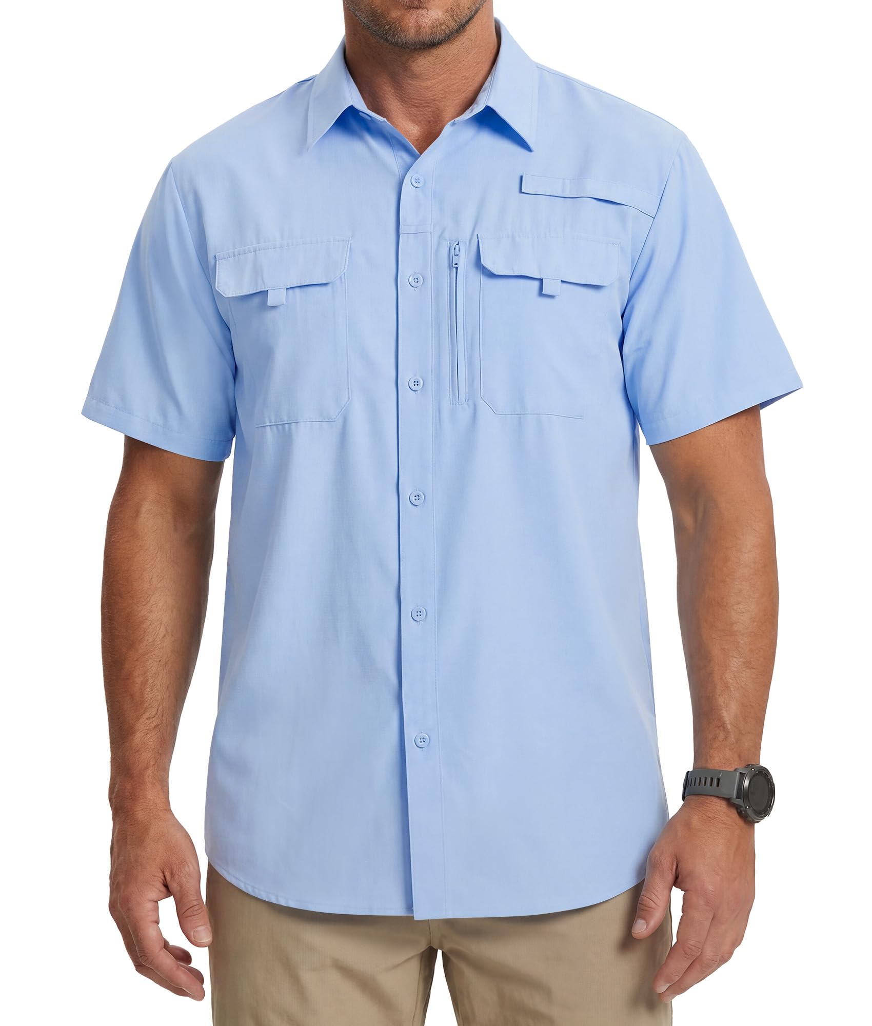 Camicia da uomo a maniche corte con protezione UV UPF 50+, leggera, ad asciugatura rapida, con bottoni, per attività all'aperto, escursionismo, pesca, viaggi, safari