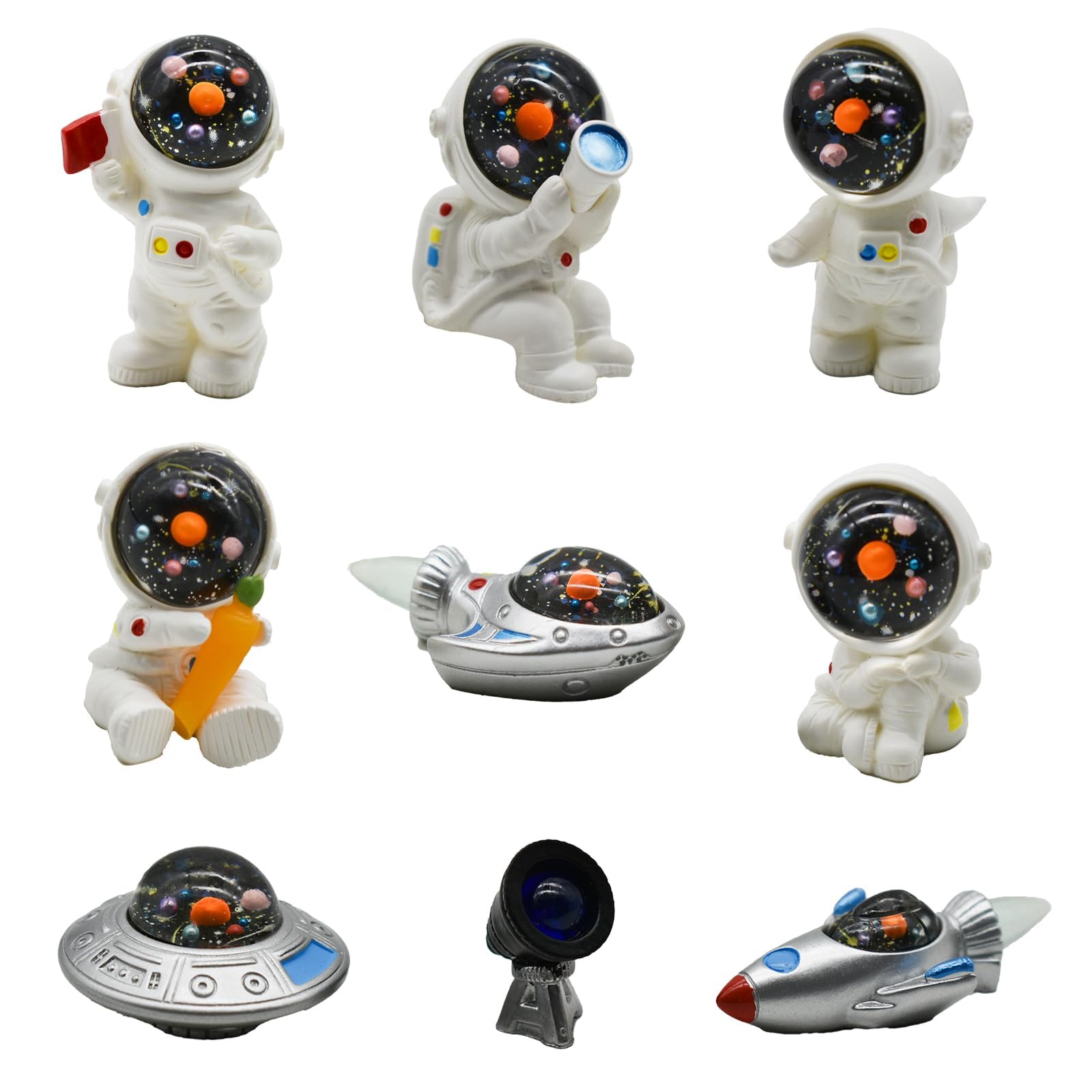 Tazweeq Miniature Astronaut and Rocket Figurines, 9pcs Mini Spaceman and UFO Set Resin Cake Toppers for DIY Shelf Tabletop Diorama Craft Decoration Home Decoration Office Desktop