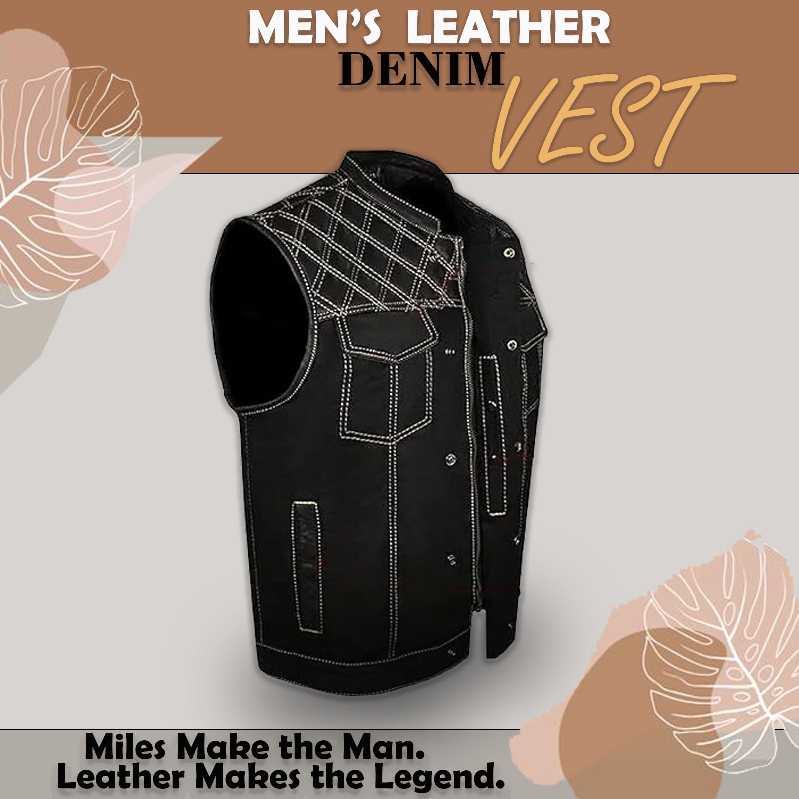 ZONY INC Men's Leather Denim Motorcycle Club Biker Vest with 2 Concealed Carry Pockets - (WHITE, Size- 3XL)