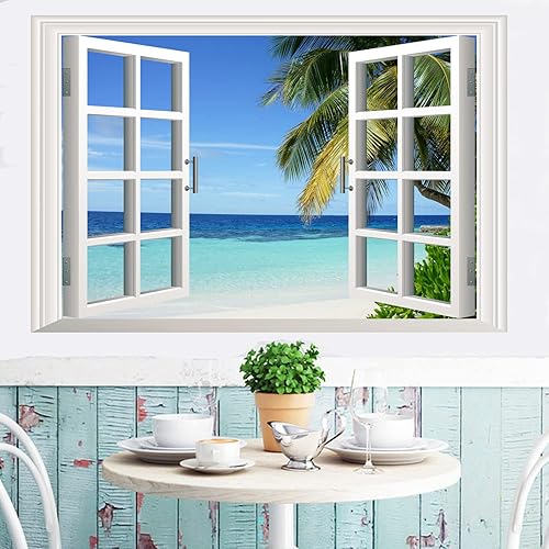 Miniatura 1 de Adhesivo de pared para ventana de playa paisaje marino palmera calcomanías de pared extraíbles para ventana de mar tropical para decoración de sala