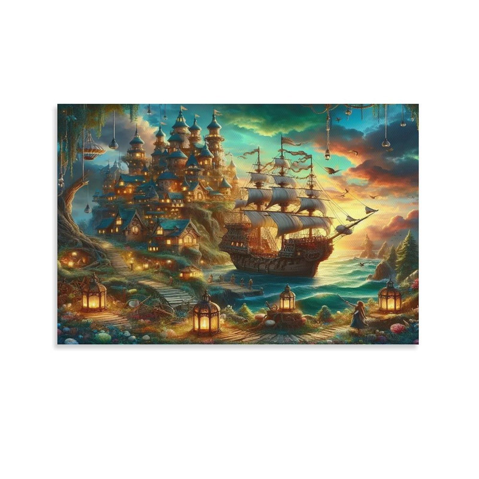 Snowy Ship Sailing Under Moonlit Sky with Roses Individual Pirate Ship Glowing Fantasy Coastal Village Wall Art Decor - Kitchen Removable Canvas Wall Art Multi-Purpose Focal Point 16x24inch(40x60cm)