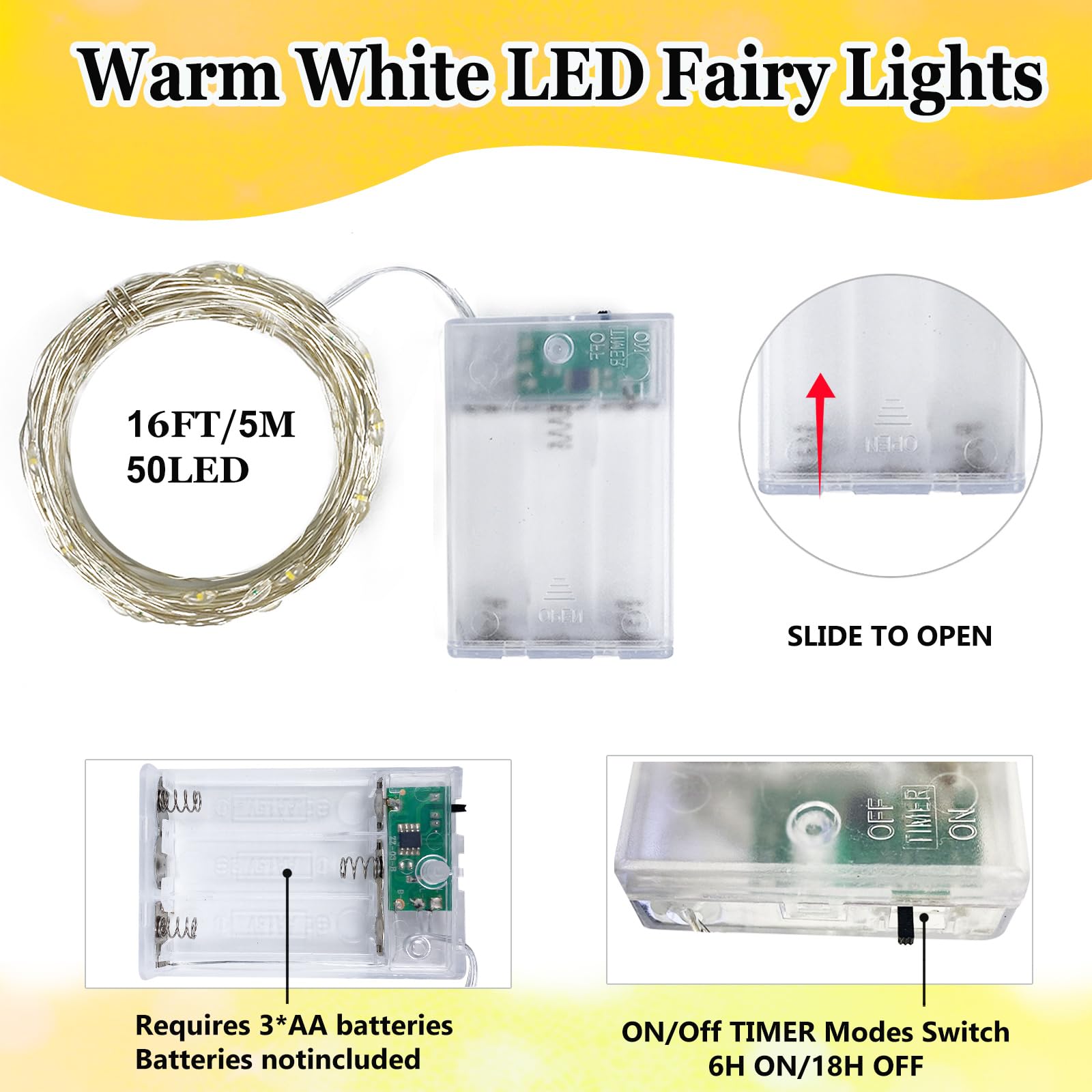 6er-Pack Lichterkette, batteriebetrieben, mit Timer, wasserdicht, 50 LEDs, für den Innen- und Außenbereich, funkelnde Lichter für Schlafzimmer, Zuhause, DIY, Hochzeit, Geburtstag, Weihnachten, Partys,