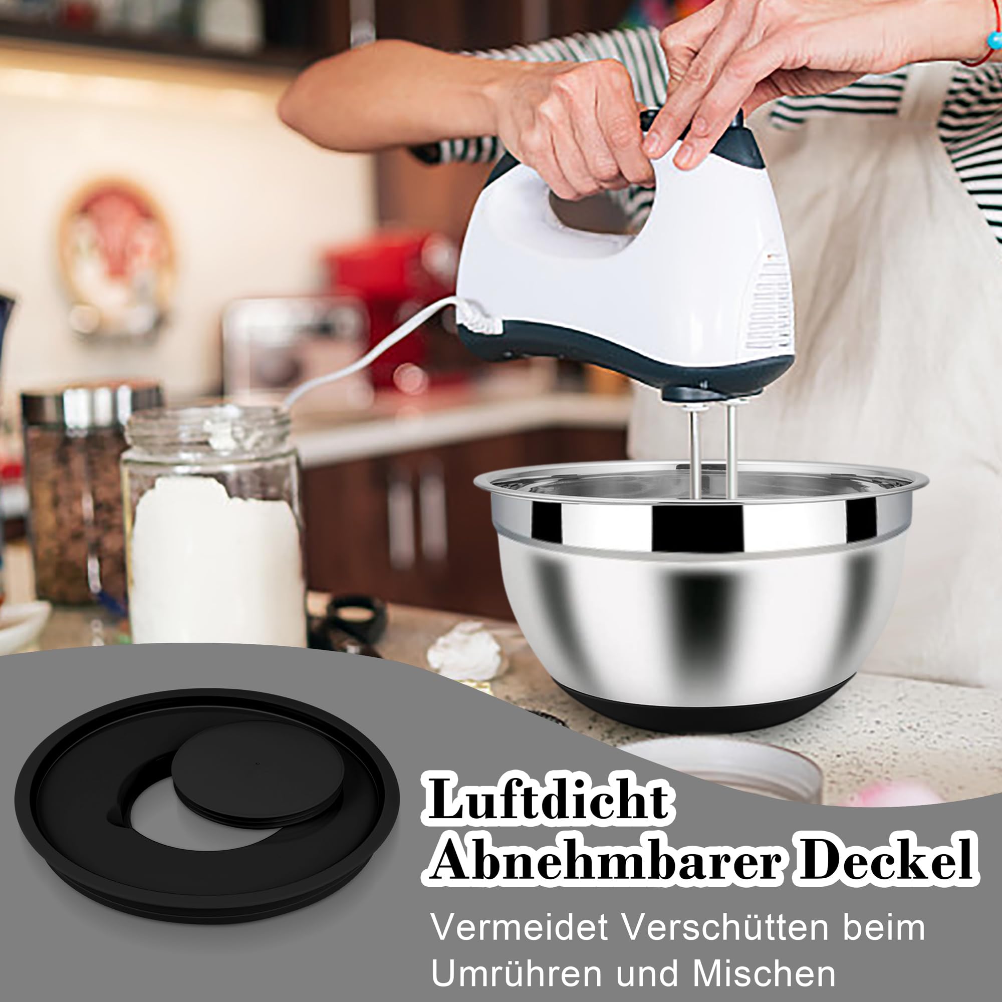 Homikit Juego de 6 cuencos para mezclar, acero inoxidable, color negro, ensaladera con 3 accesorios para mezclar y mezclar, tapa hermética y base de silicona, 4,6 l, 2,8 l, 2,5 l, 1,6 l, 1,2 l, 0,7 l,