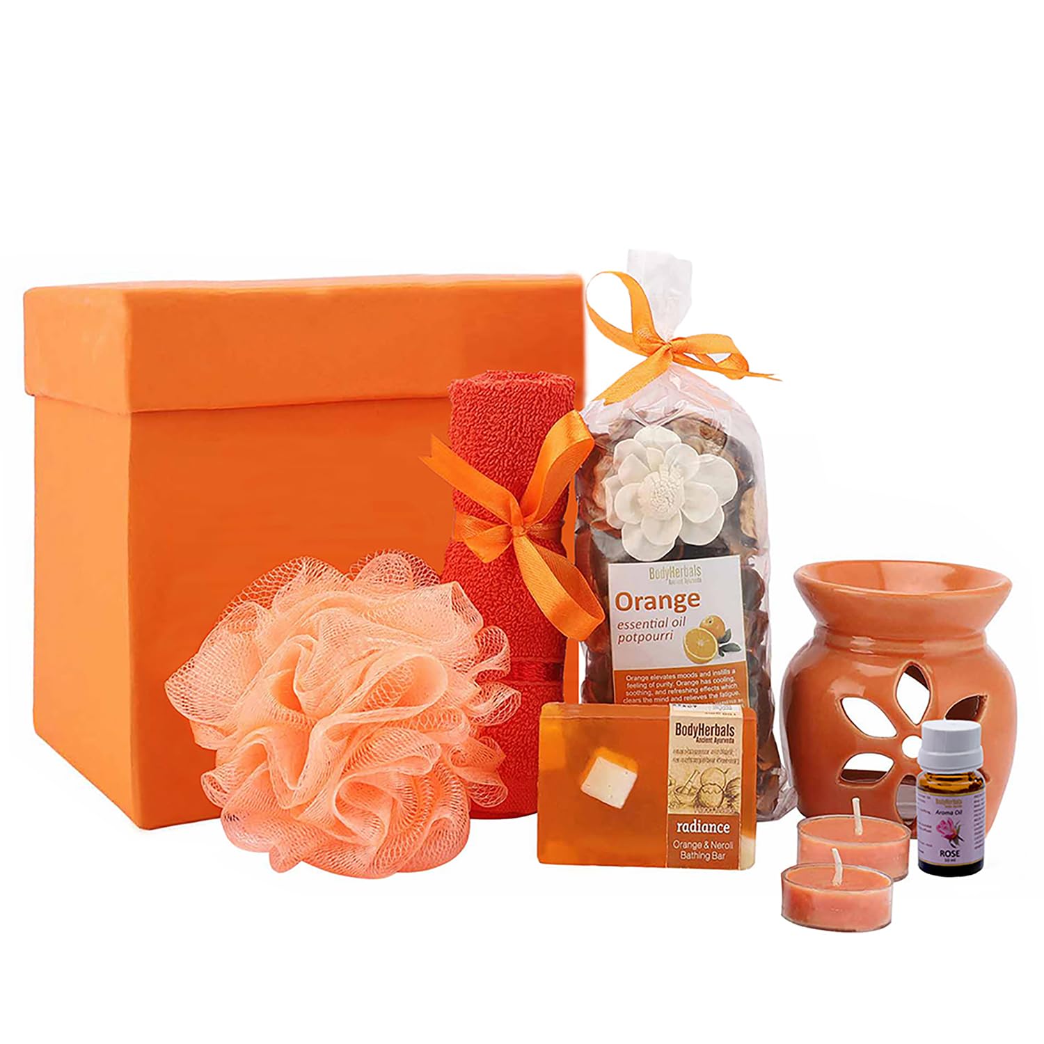 BodyHerbals Orange Soap Spa Gift Set for Women & Men | Bath & Body Care Kit with Spa Accessories | Gift Hamper | 6-Piece Luxury Spa Gift for Birthdays, Anniversaries, Weddings, Raksha Bandhan & Special Occasions | 100% Vegan