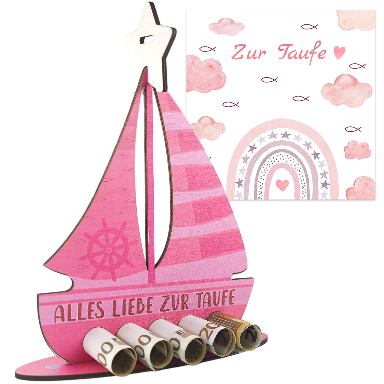 Taufgeschenke Für Mädchen, Taufkarte Mädchen, Taufe Geschenk, Alles Liebe zur Taufe, Karte zur Taufe, Taufe Deko, Holzboot Taufgeschenk Sterne und Taufkarte (Rosa)