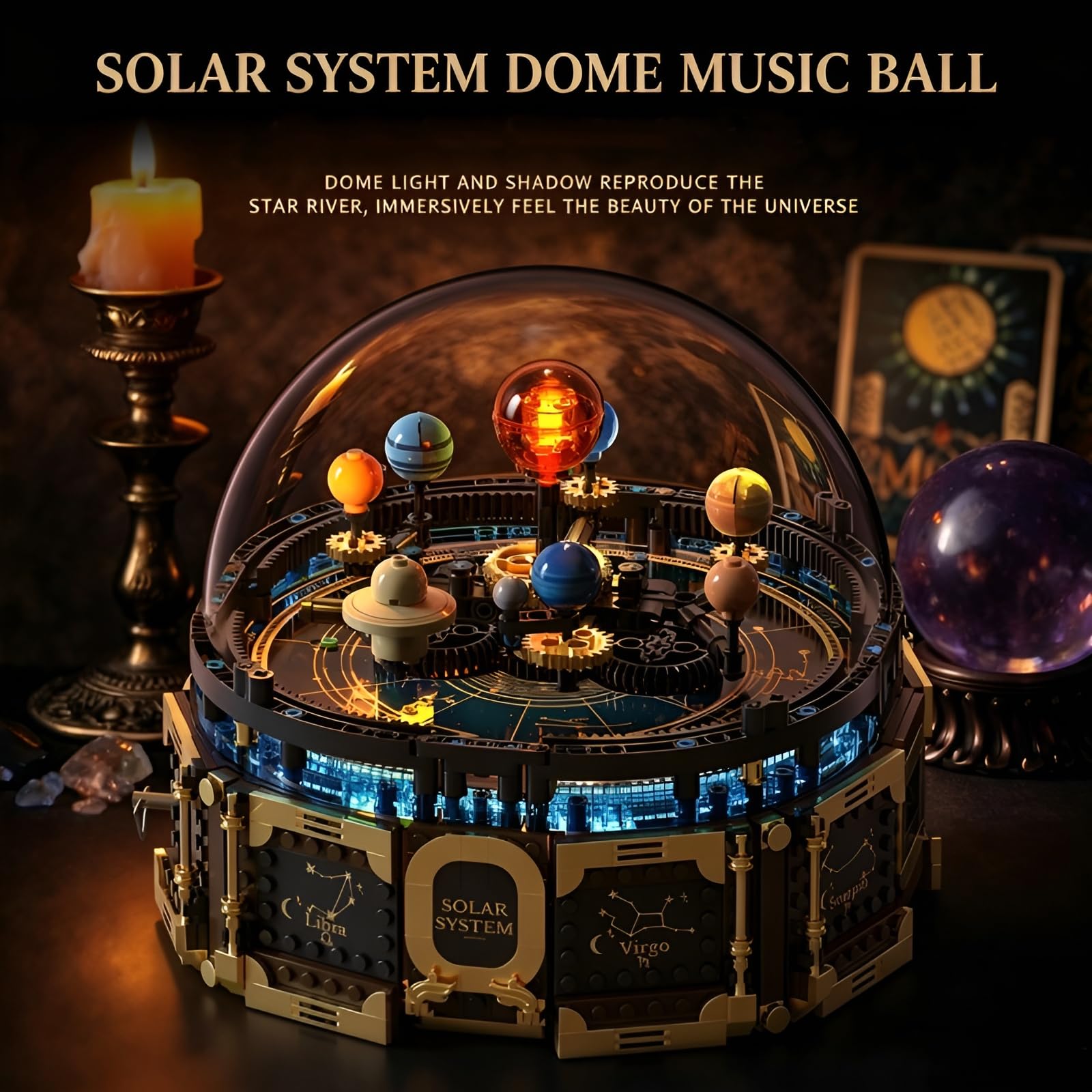 Technick Solar System Orrery Bausatz, 989Teile Rotierendes Planetenmodell mit Spieluhr, Astronomische Kuppelausstellung, Vintage Kosmische Deko, Kreative Geschenke für Weltraum-Enthusiasten