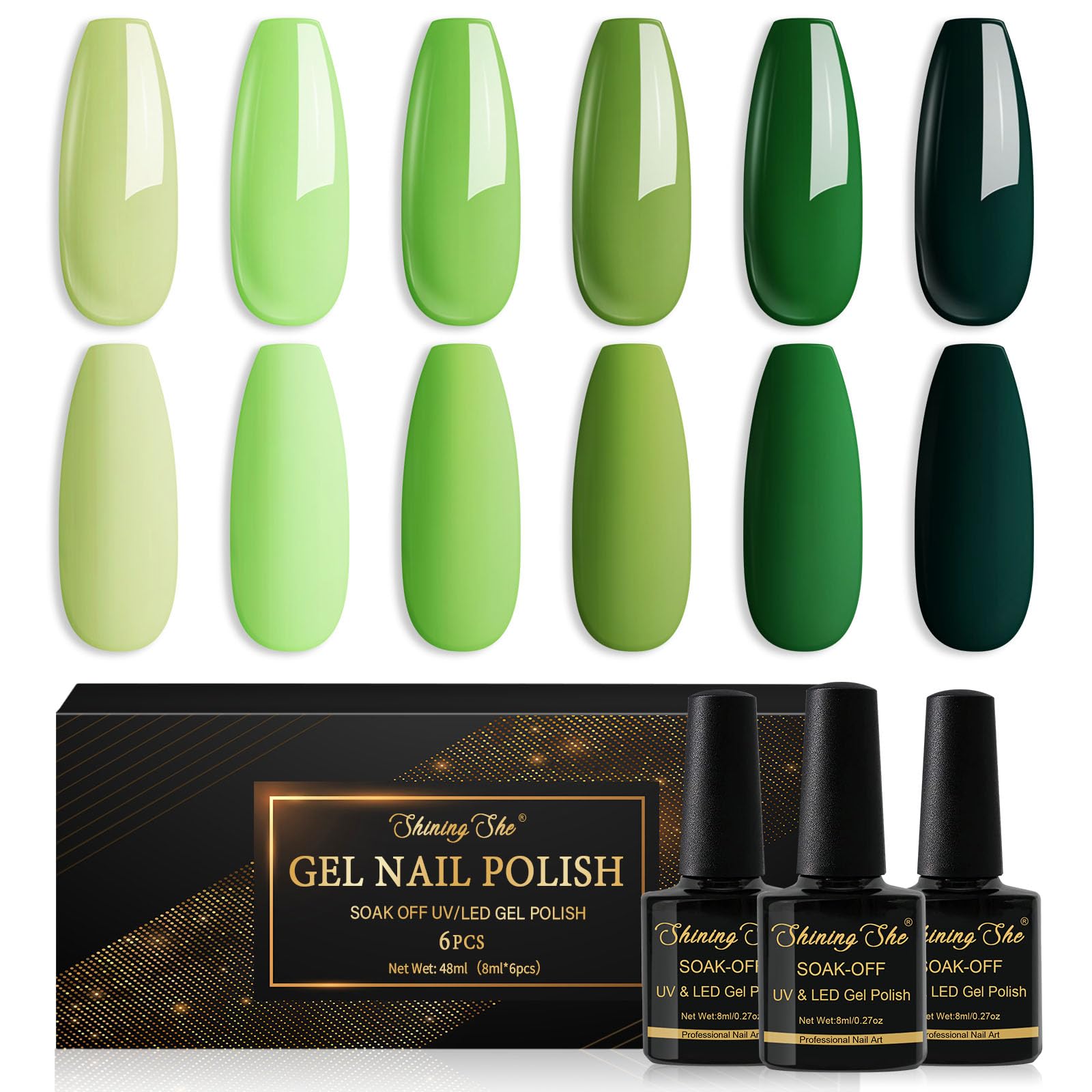 Shining She UV Nagellack Grün,6 Farben Zart Grün Grasgelb Olivgrün Dunkelgrün Gel Nagellack, Gellack Soak-Off UV Gel Nail Polish Nail Art DIY zu Hause, 8ML