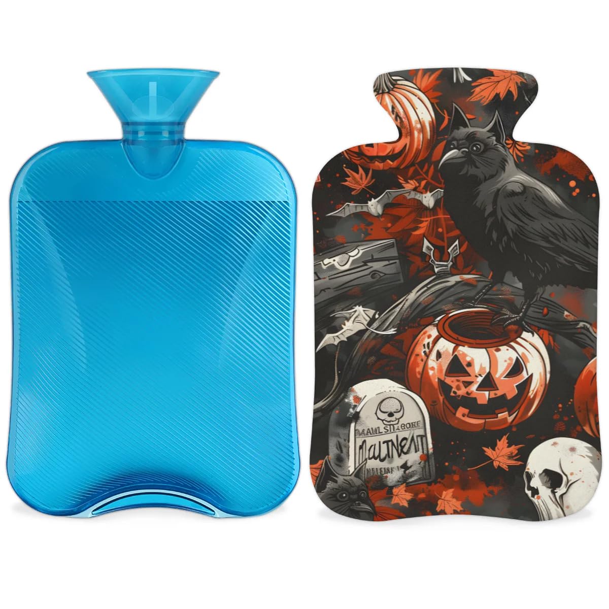 Hot Water Bottle with Soft Cover,2L Halloween Crow Hot Water Bag for Hot and Cold Compress, Hand Feet Warmer, Rubber Hot or Cold Water Bottle Halloween Christmas Decorations