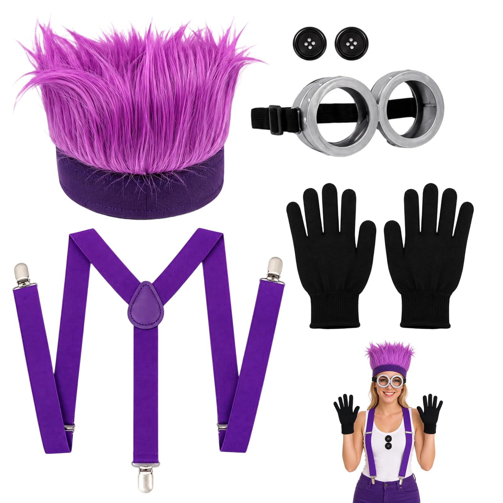XazNvc 6 Pcs Purple Halloween Costumes Set, Cartoon Characters Fancy Dress Costume, Wig, Glasses, Gloves, Buttons, Suspenders, Cosplay Costumes Accessories for Halloween Theme Party