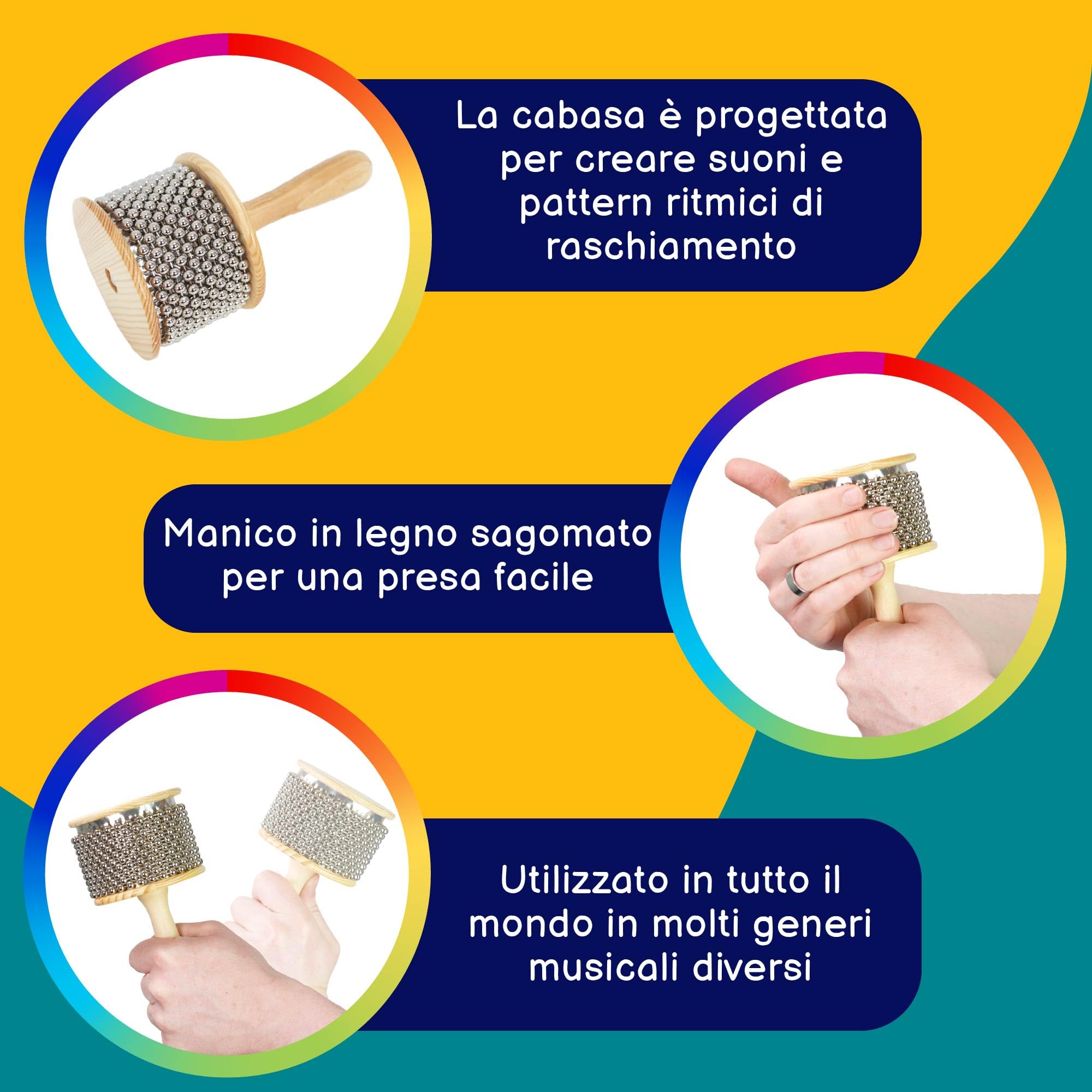 A-Star Shaker Cabasa Afuche con perline in legno - Diametro 9 cm, medio - Strumento a percussione manuale