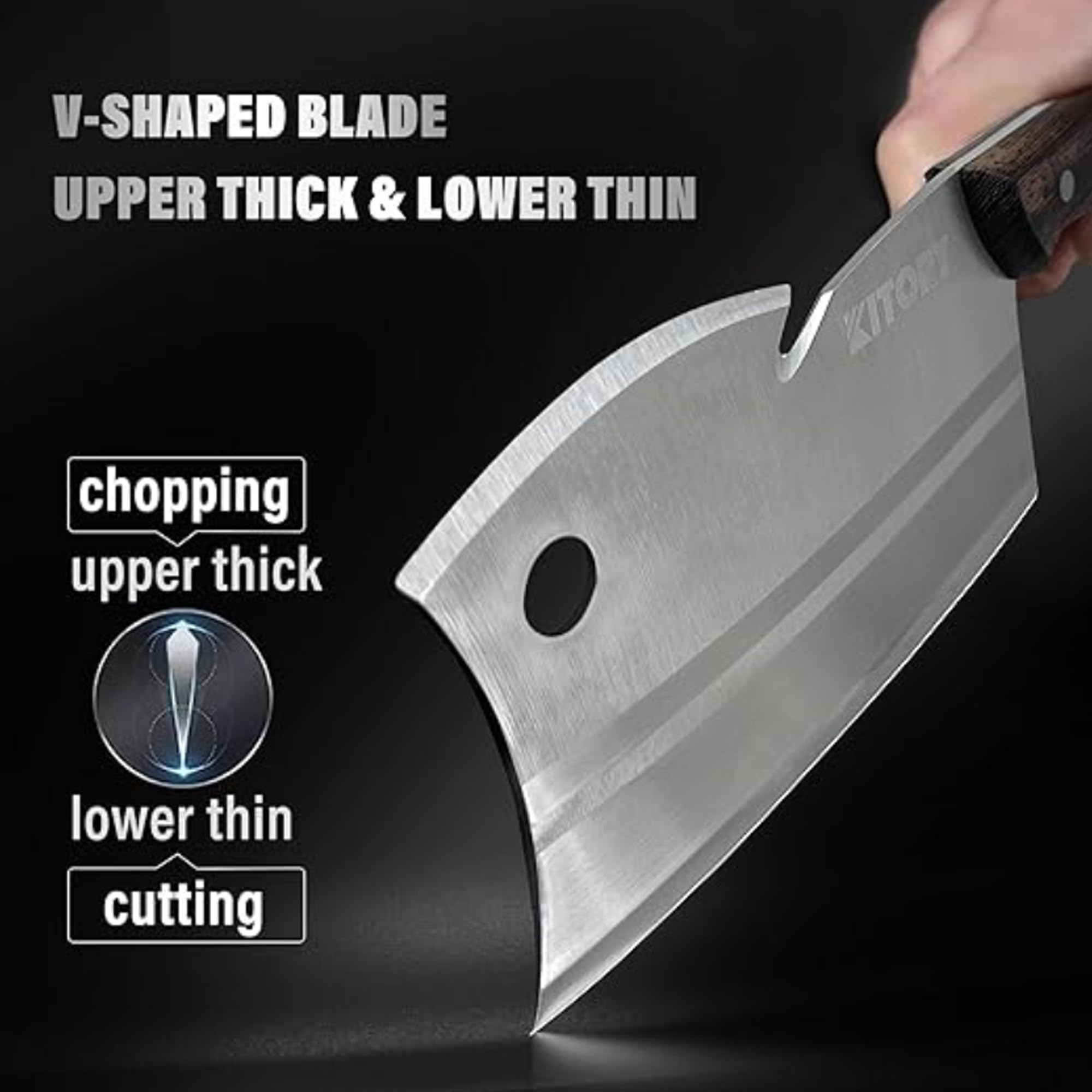 Kitory Hackmesser 18 cm Klinge, Extrem Scharf Metzgermesser, Edelstahl Hackbeil, Cleaver Knife, Knochenbeil für gefrorenes Fleisch und große Knochen - Doppelte Kanten