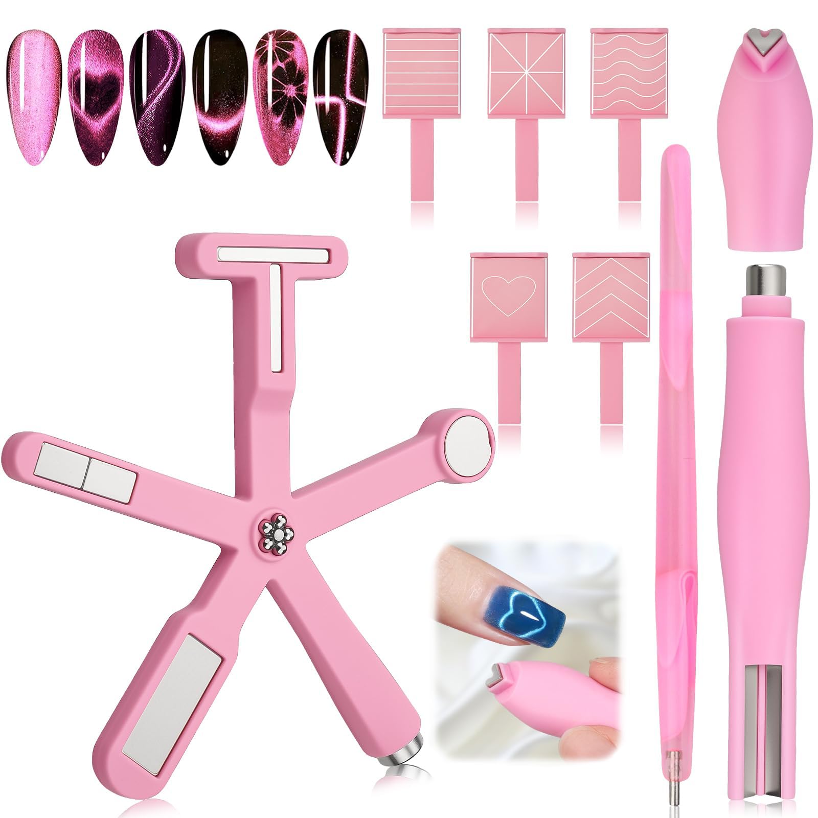 Set di magneti Cat Eye, accessori multifunzionali per la decorazione delle unghie con penna magnetica a forma di cuore e strumento magnetico 6 in 1 per smalto per unghie per una nail ar (Pink)