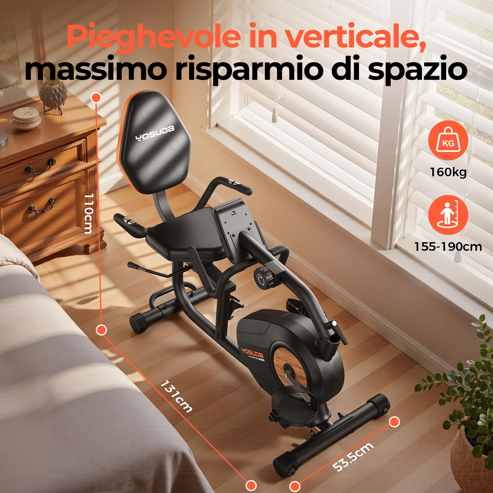 YOSUDA 2026 Upgrade Cyclette orizzontale, 16 Livelli di Resistenza, Sedile XL comfort 4D regolabile, App/Bluetooth, Colonna pieghevole, 160 KG/190 CM, Cyclette da seduta, Cyclette professionale