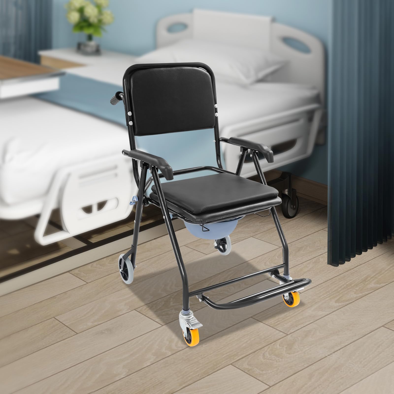 Silla de ducha plegable de acero negro con cubo y ruedas para personas mayores, cuidado en casa