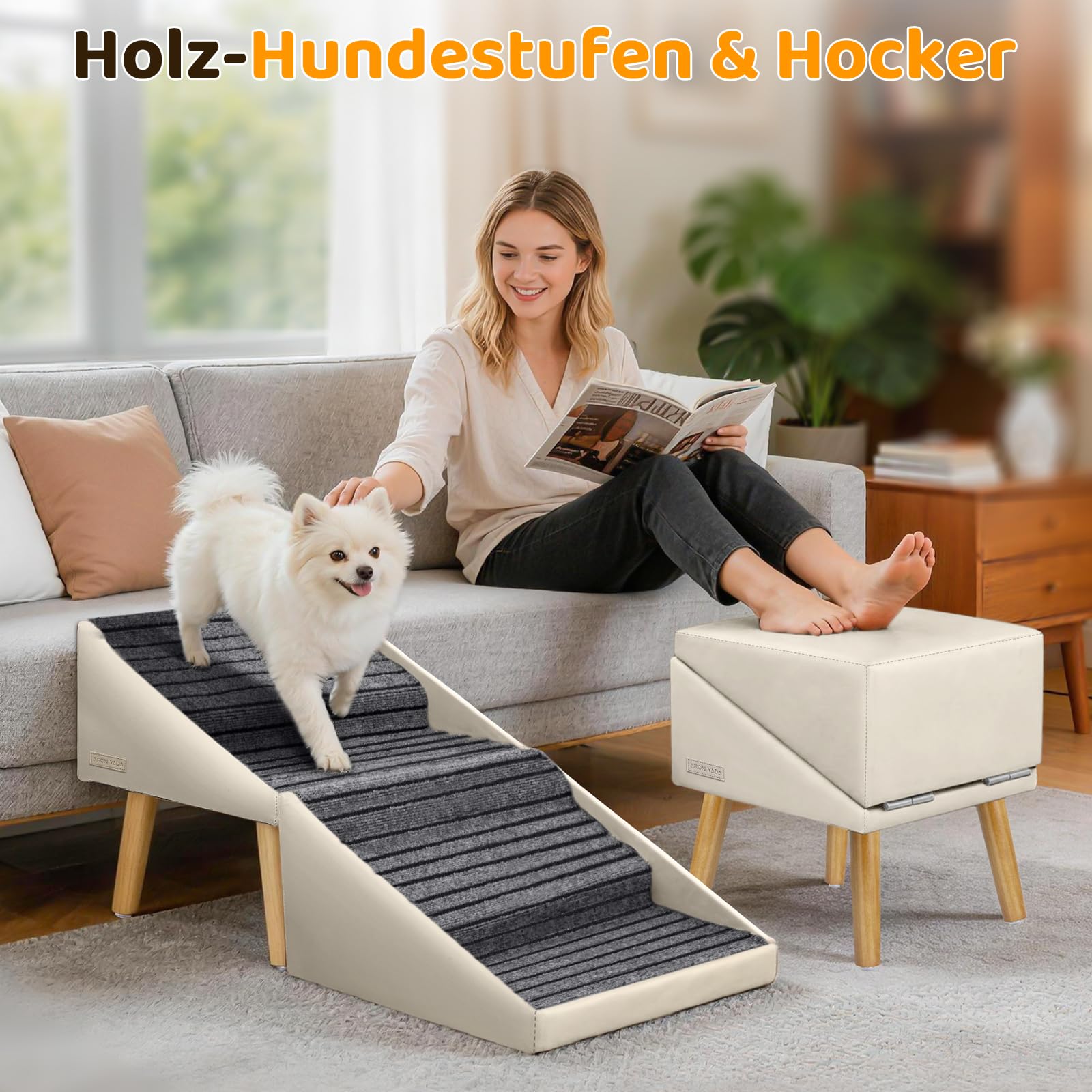 Hundetreppe für kleine mittlere & große Hunde, Katzen, Welpen & Senioren, 43 cm hohe 4-stufige 2-in-1 Massivholz-Treppe mit Split-Ottomane, klappbare rutschfeste Hunderampe für Sofa (Beige)