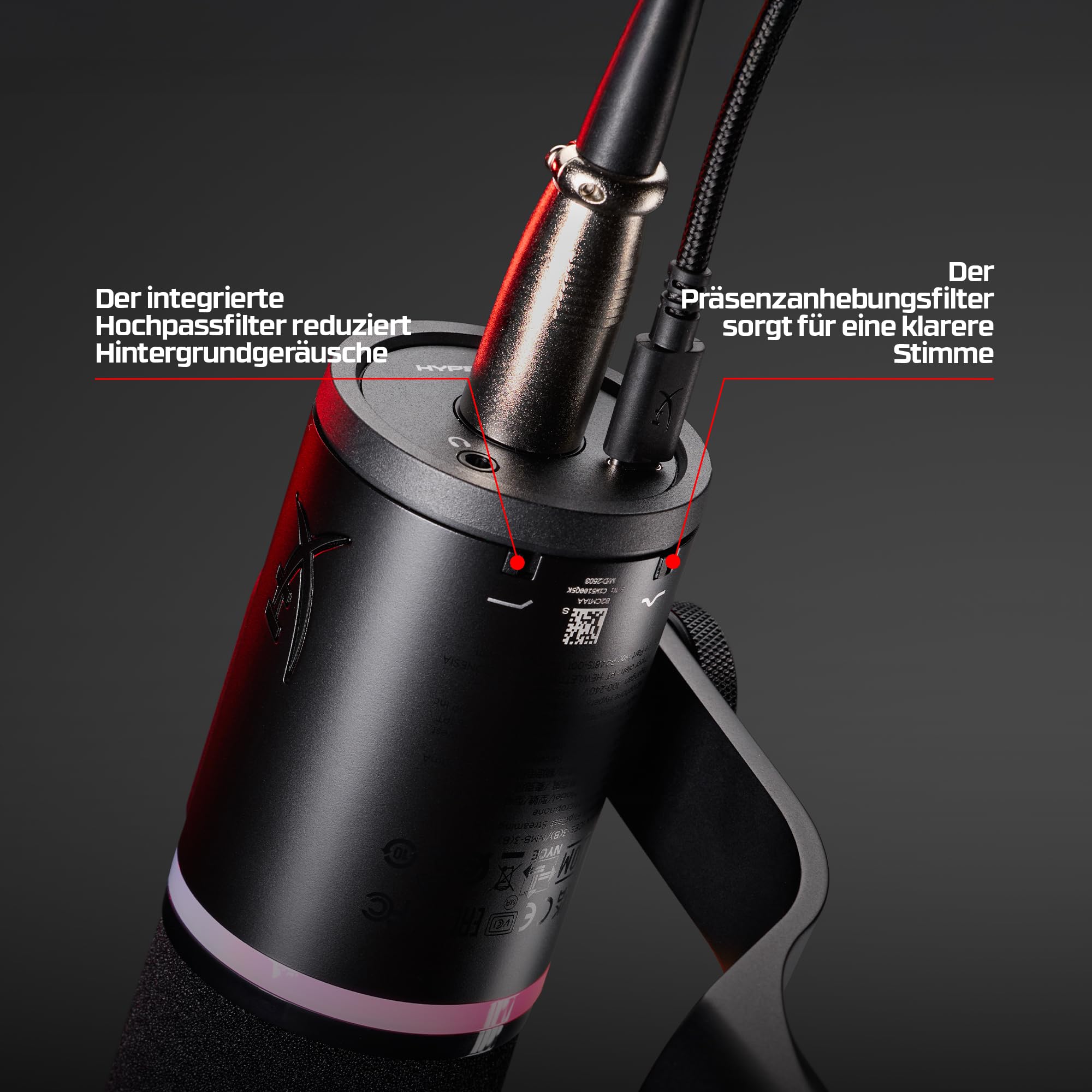 HyperX FlipCast Dynamisches USB/XLR-Mikrofon – Profi-Streaming & Podcast-Mikrofon mit Rauschunterdrückung, RGB-Beleuchtung, Onboard-Steuerung, 192 kHz/32-Bit, Schwarz