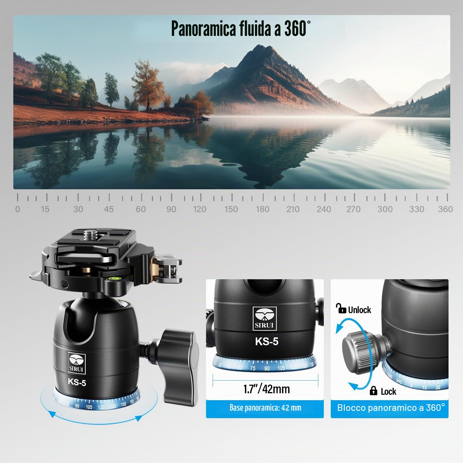 SIRUI KS-5 testa a sfera per treppiede, 29 mm testa panoramica a 360° in alluminio per fotocamera, videocamera, monopiede, max. Capacità di carico 10 kg